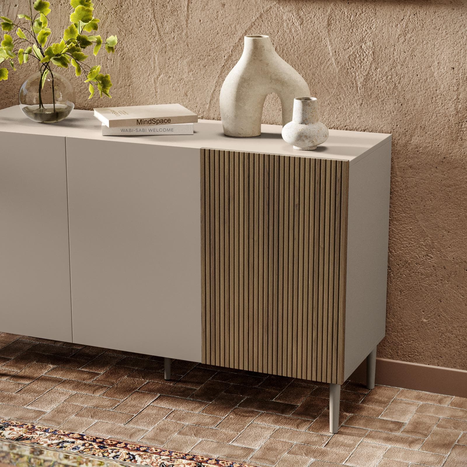 Madia 120x75h cm tortora e rovere millennium cannettato con 3 ante e gambe tortora - Zelma