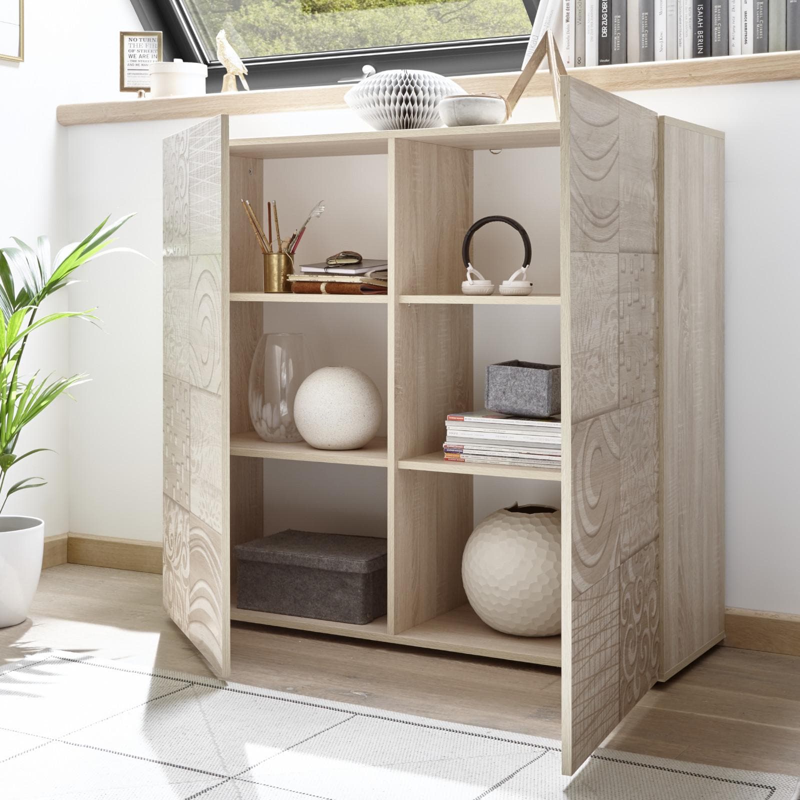 Mobile contenitore 121 cm con due ante in legno rovere samoa serigrafato - Linux