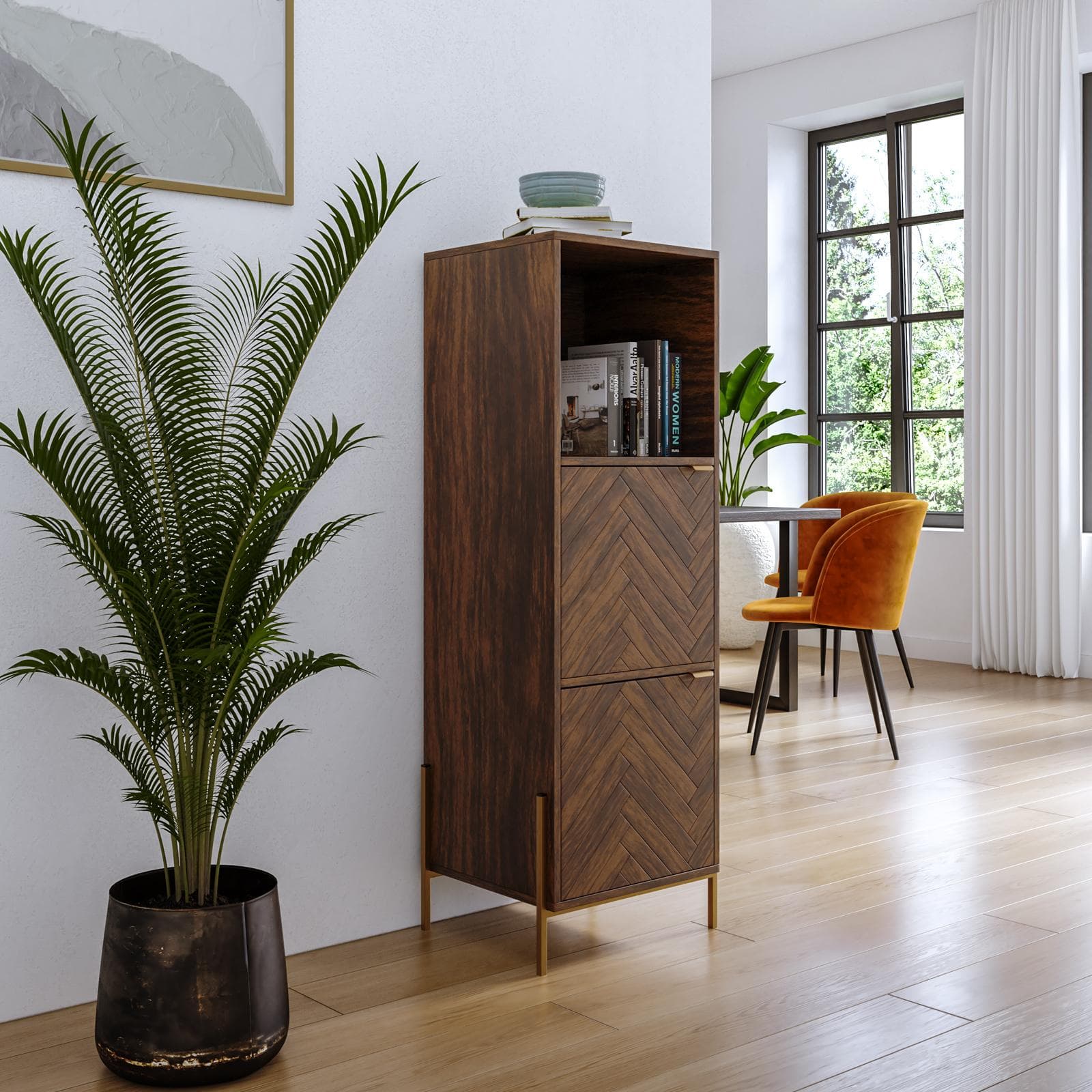 Mobile contenitore 40x135h cm in legno noce effetto parquet con 2 ante e struttura in metallo oro bronzato - Mufasa