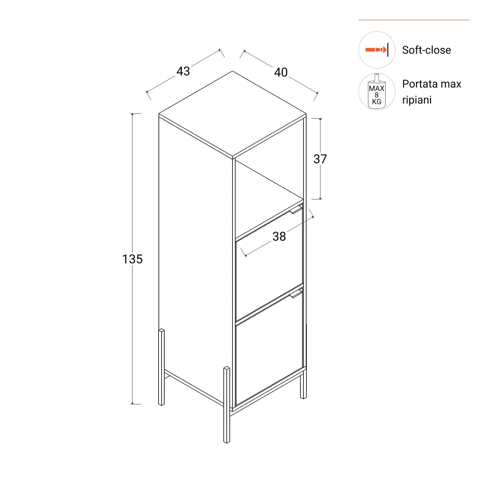 Mobile contenitore 40x135h cm in legno noce effetto parquet con 2 ante e struttura in metallo oro bronzato - Mufasa