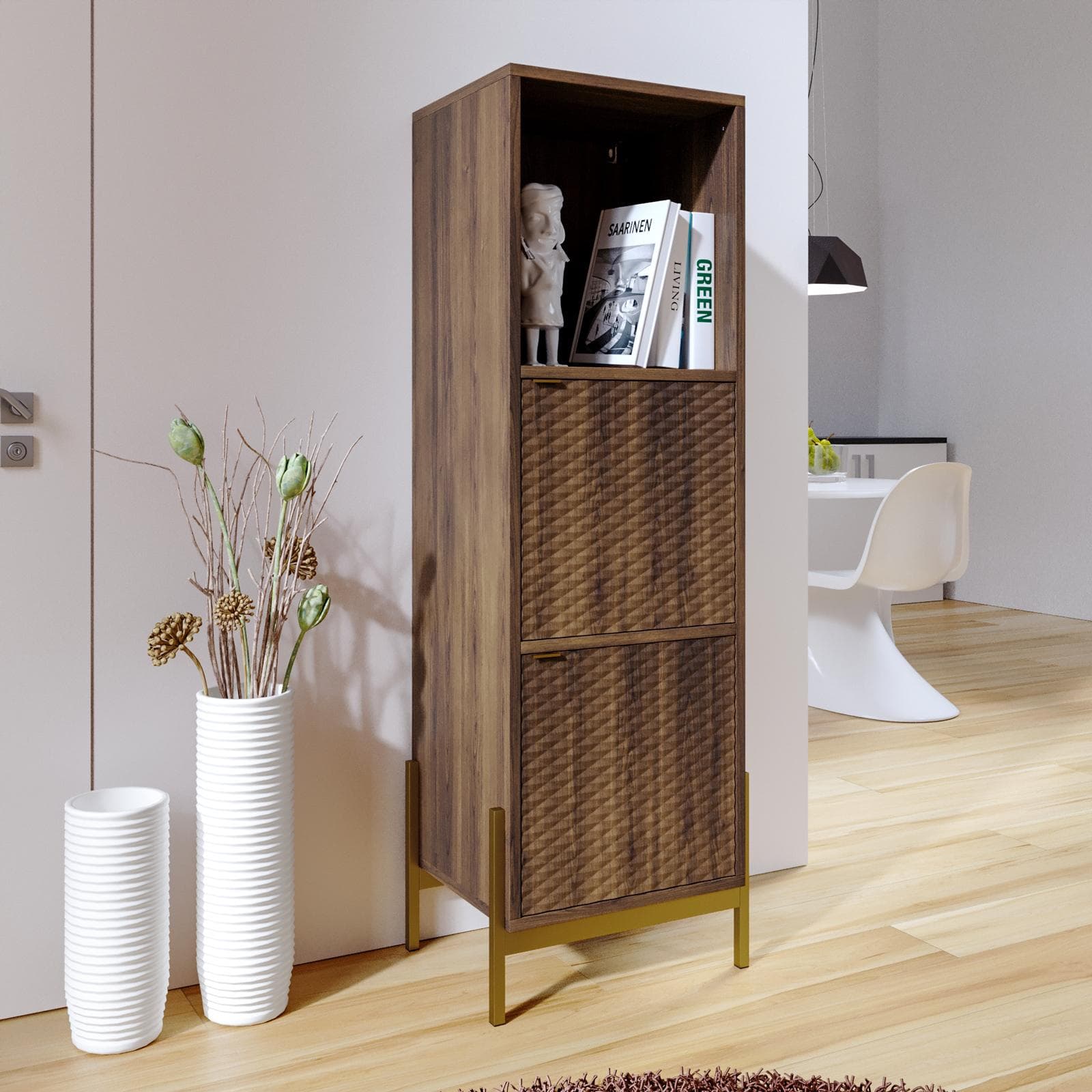 Mobile contenitore 46x154h cm noce con piedi in metallo oro bronzato e 2 ante decorate soft close - Kyra