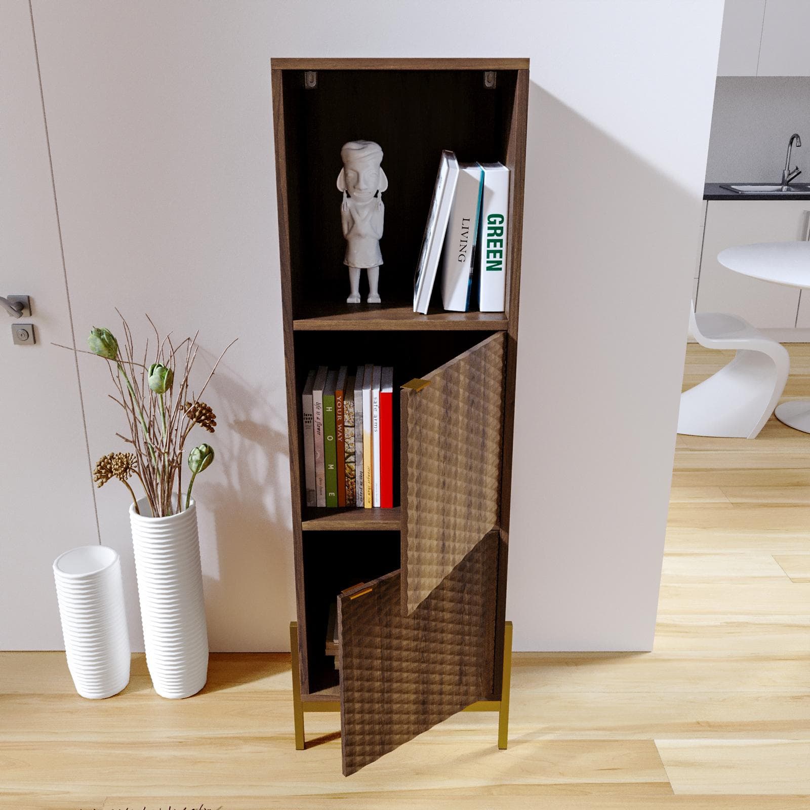 Mobile contenitore 46x154h cm noce con piedi in metallo oro bronzato e 2 ante decorate soft close - Kyra