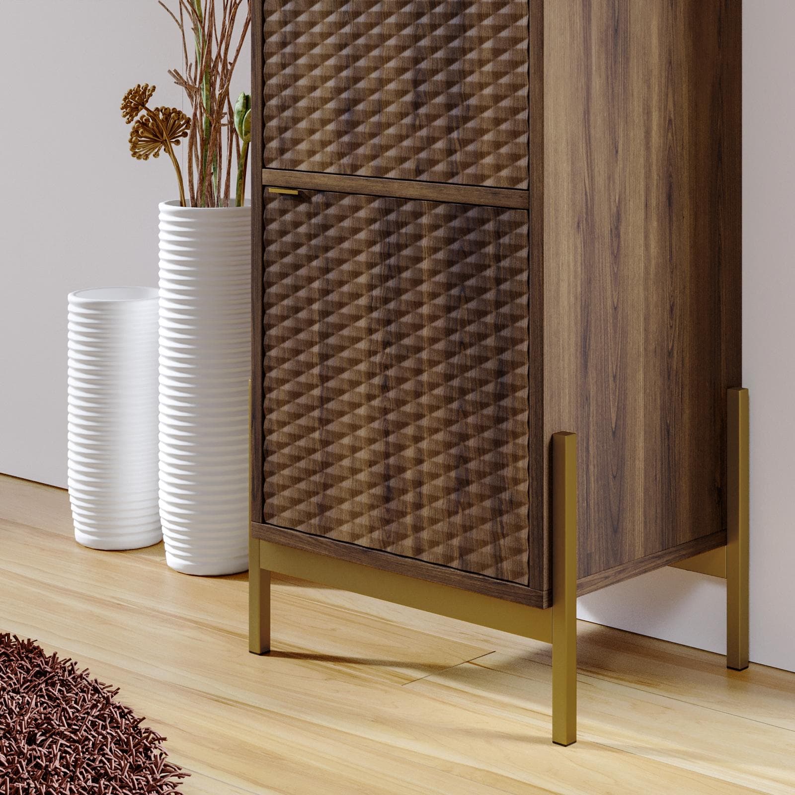 Mobile contenitore 46x154h cm noce con piedi in metallo oro bronzato e 2 ante decorate soft close - Kyra