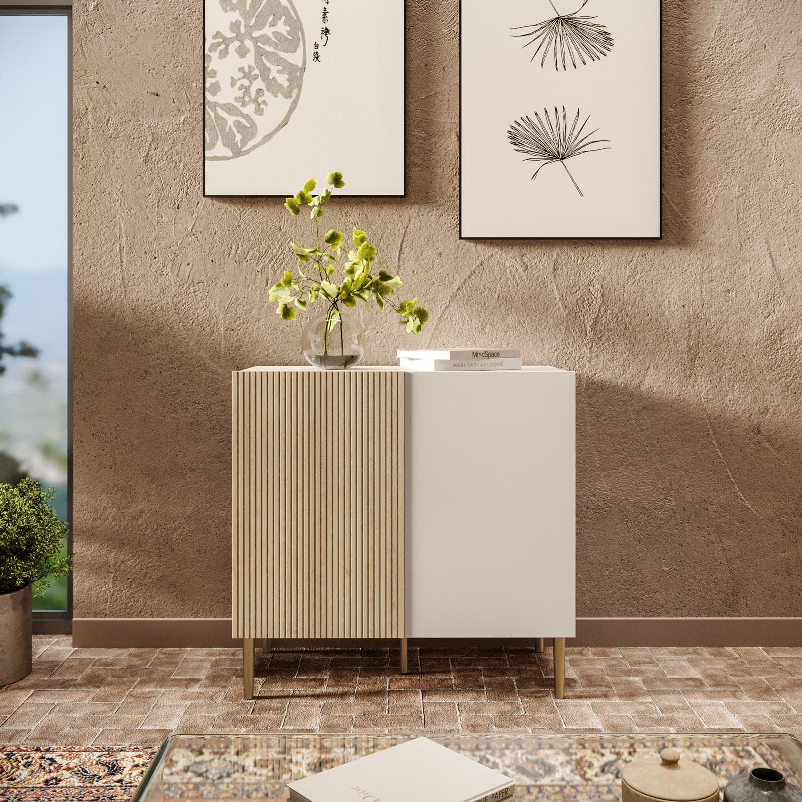 Mobile contenitore 80x78h cm cashmere e rovere albini cannettato con 2 ante e gambe oro opaco - Zelma