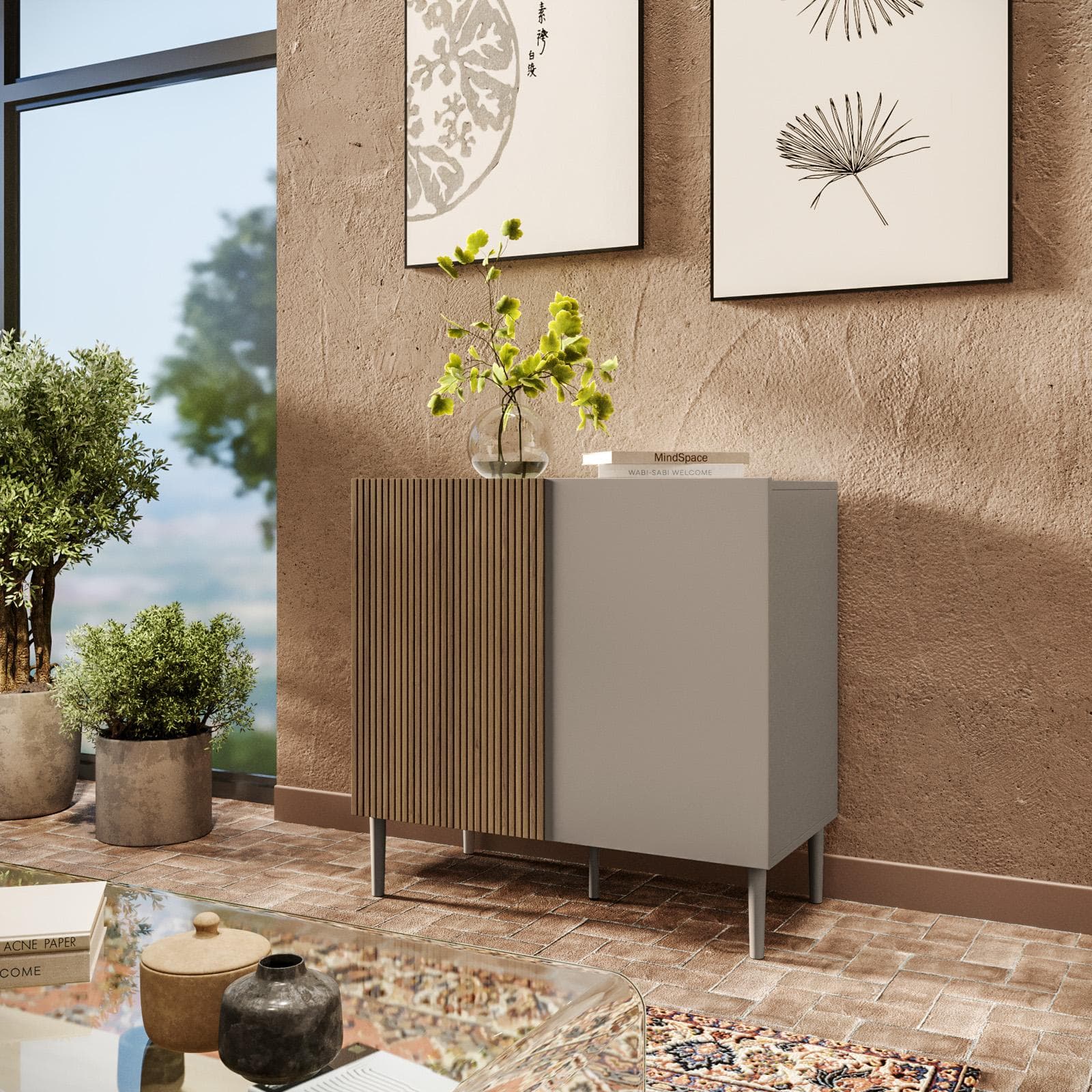 Mobile contenitore 80x78h cm tortora e rovere millennium cannettato con 2 ante e gambe tortora - Zelma