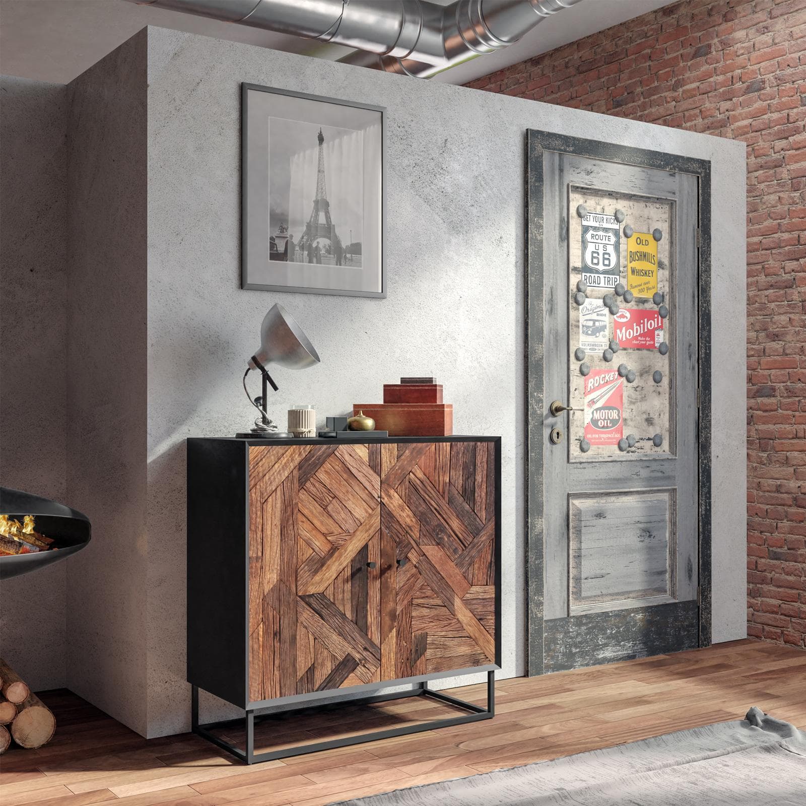 Madia 85x85h cm in legno naturale effetto invecchiato e metallo nero - Desindos