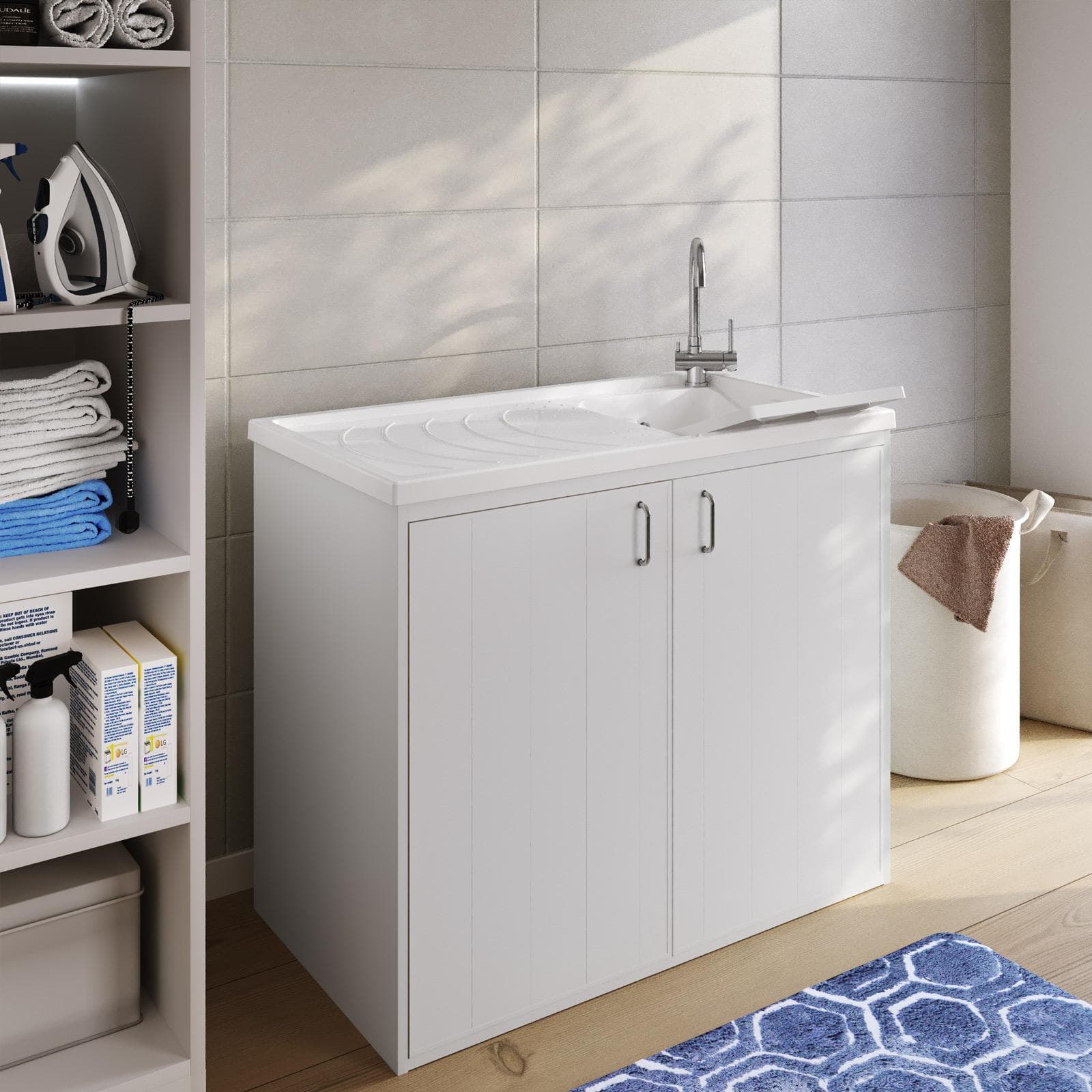 Mobile coprilavatrice 109x60 cm bianco reversibile 2 ante con vasca e strofinatoio - Vix