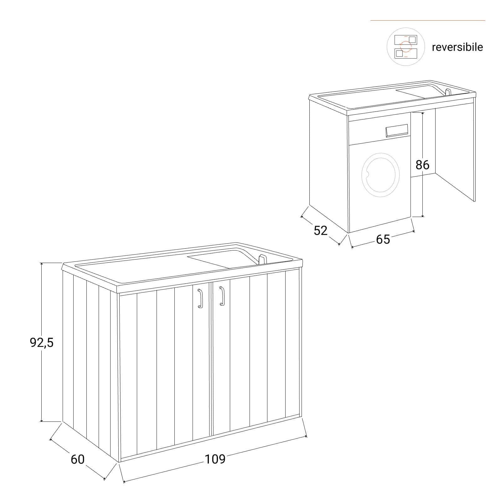 Mobile coprilavatrice 109x60 cm bianco reversibile 2 ante con vasca e strofinatoio - Vix
