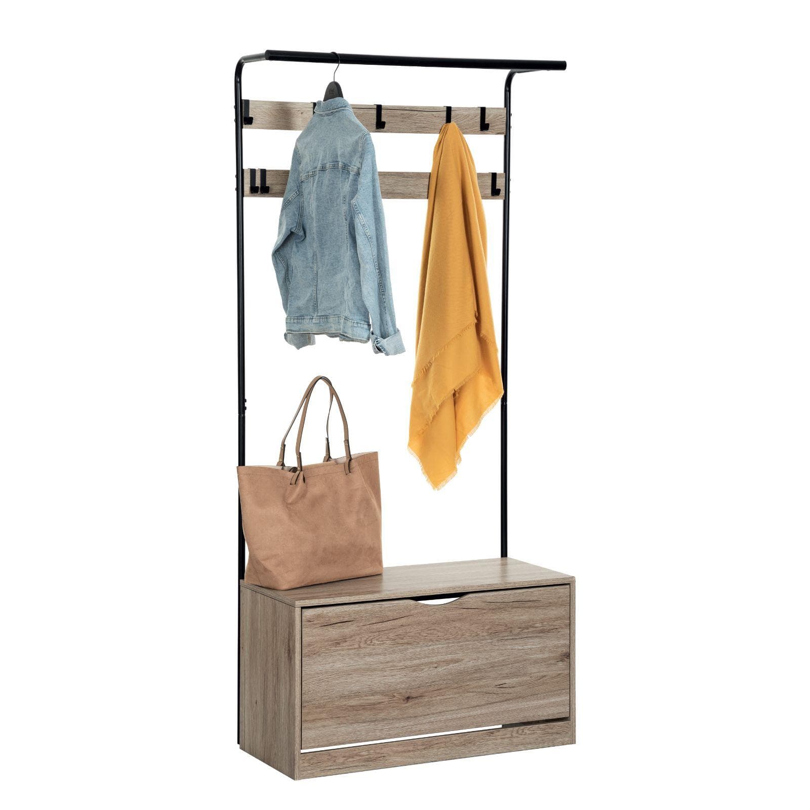 Mobile d'ingresso 80x175h cm in acciaio nero con scarpiera effetto rovere naturale - Bouderie