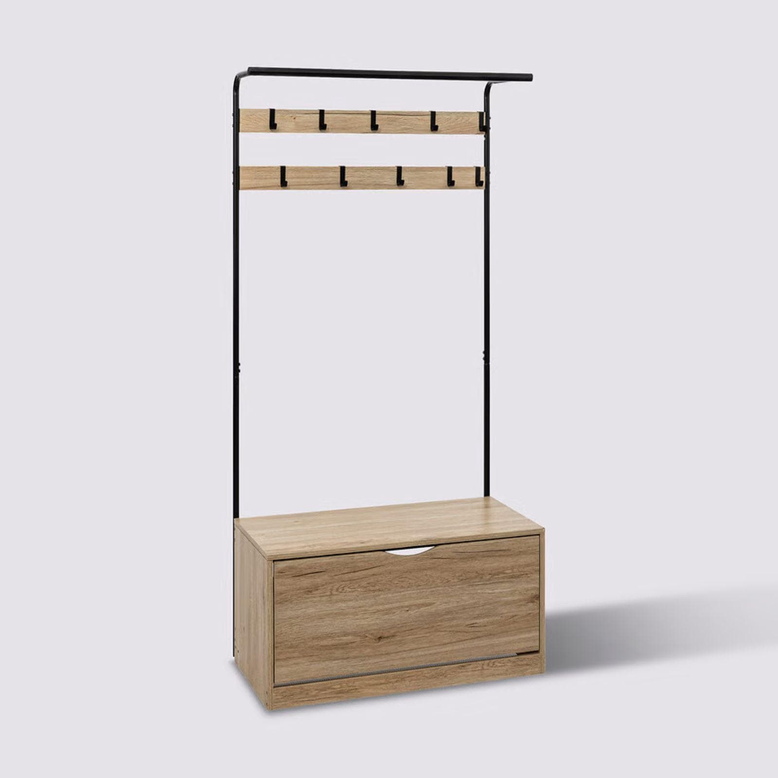 Mobile d'ingresso 80x175h cm in acciaio nero con scarpiera effetto rovere naturale - Bouderie
