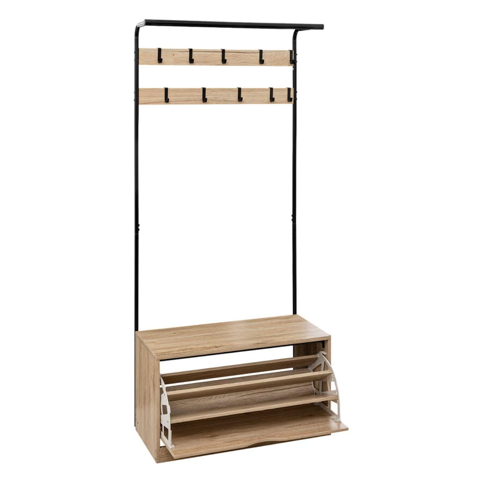 Mobile d'ingresso 80x175h cm in acciaio nero con scarpiera effetto rovere naturale - Bouderie