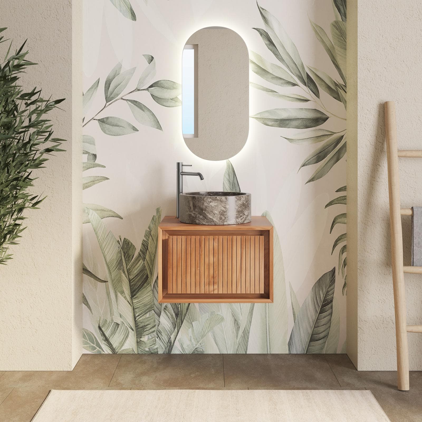 Mobile da bagno sospeso cannettato 60 cm profondo 50 cm in teak - Azul
