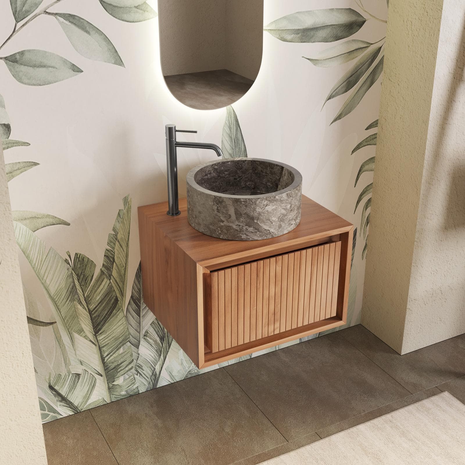 Mobile da bagno sospeso cannettato 60 cm profondo 50 cm in teak - Azul