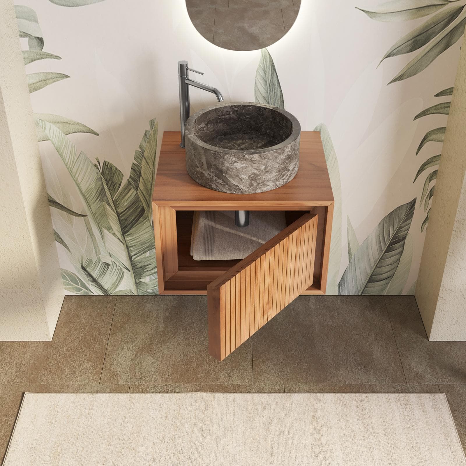 Mobile da bagno sospeso cannettato 60 cm profondo 50 cm in teak - Azul
