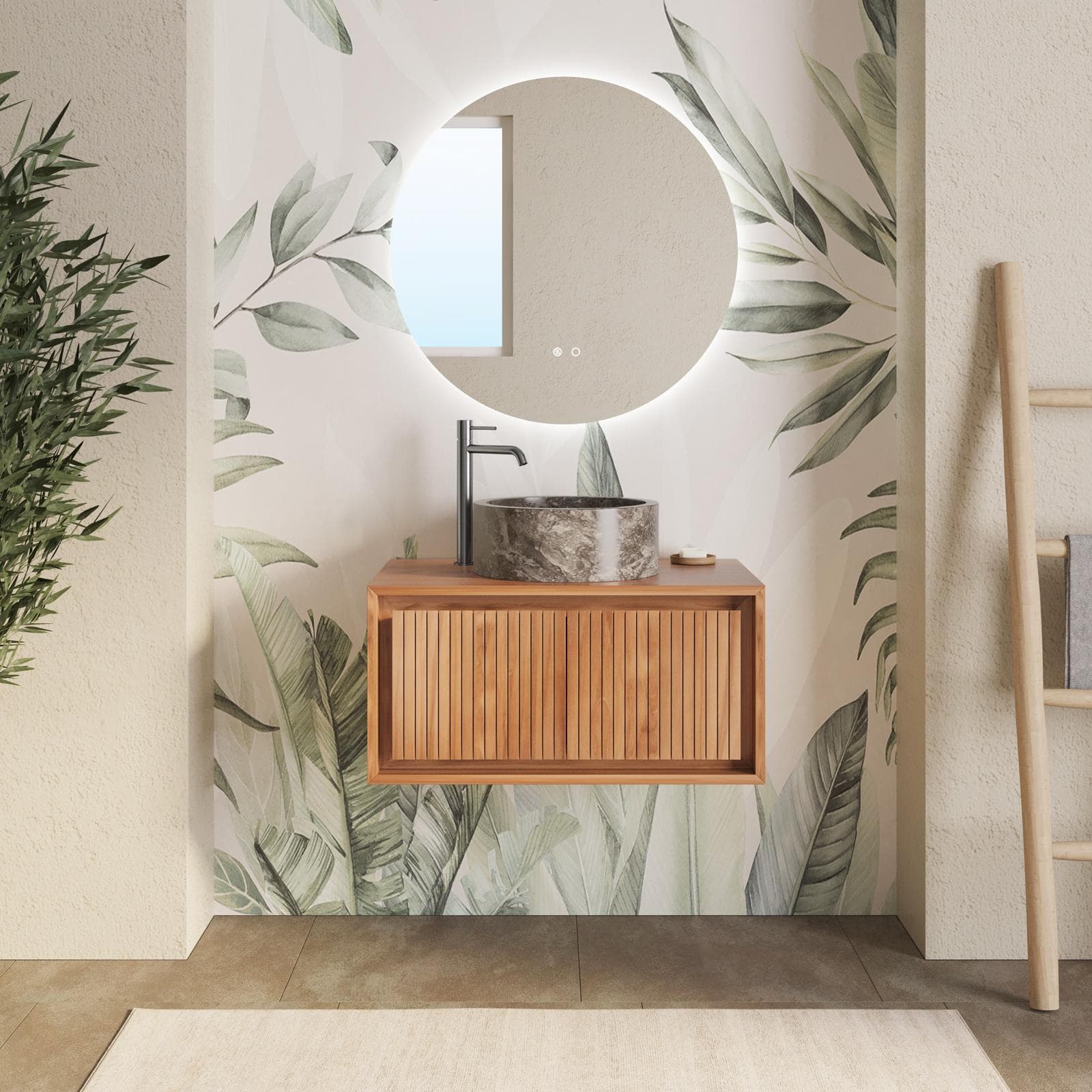 Mobile da bagno cannettato sospeso 80 cm in teak - Azul