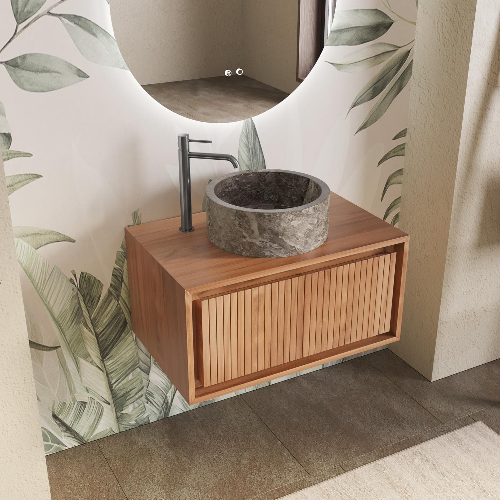 Mobile da bagno cannettato sospeso 80 cm in teak - Azul