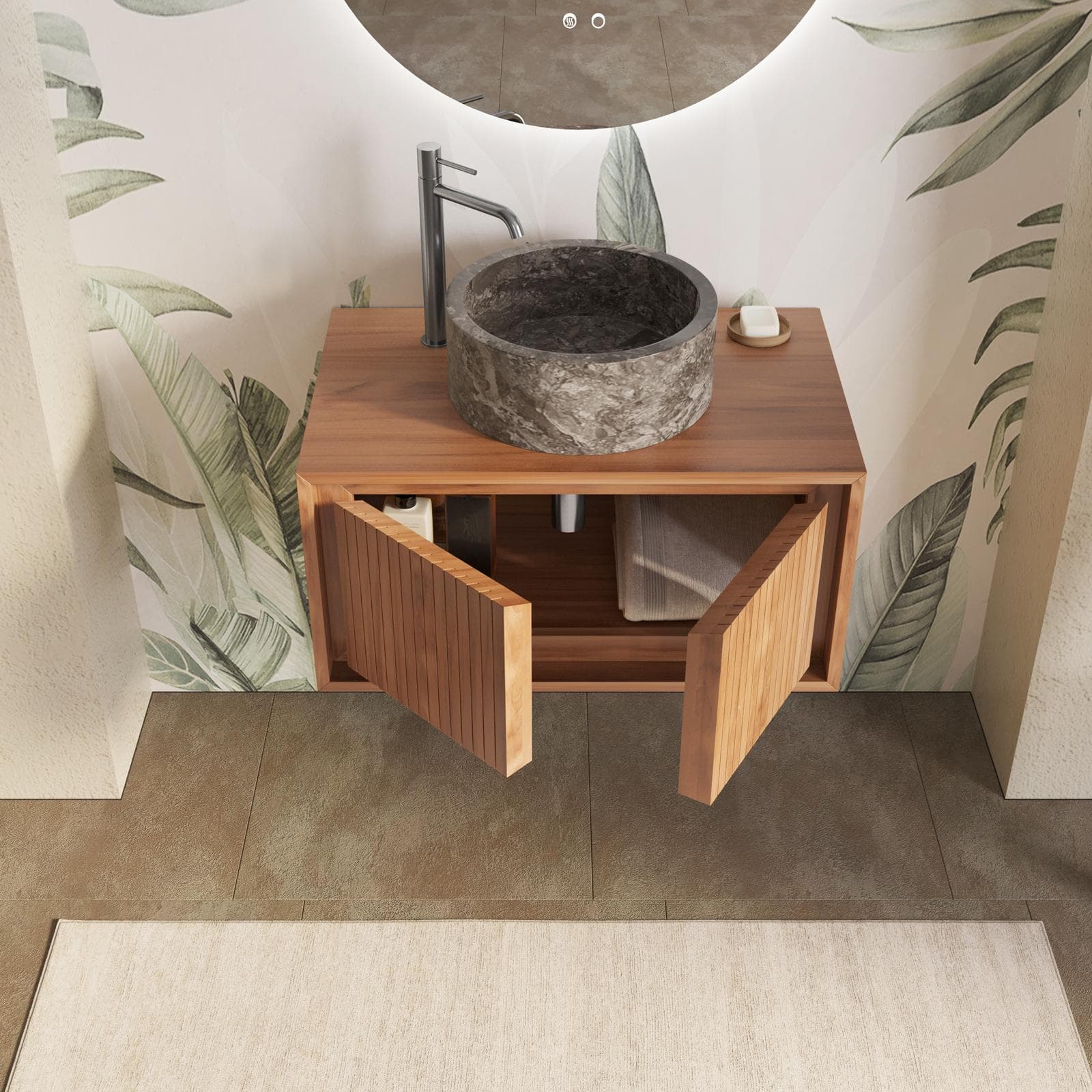 Mobile da bagno cannettato sospeso 80 cm in teak - Azul