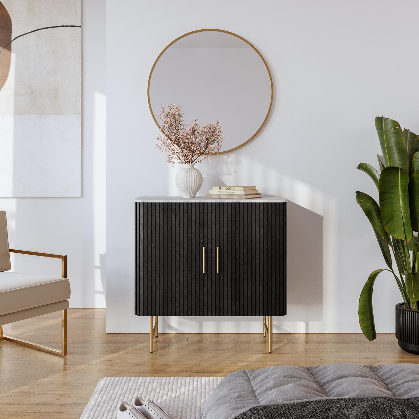 Madia 85x85h cm in legno di mango nero cannettato con piano in marmo bianco e 2 ante - Malua