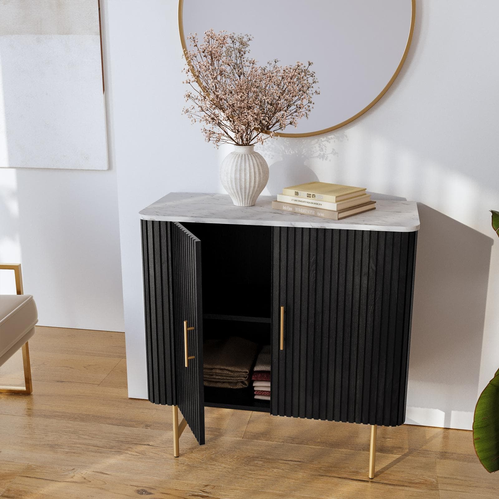 Madia 85x85h cm in legno di mango nero cannettato con piano in marmo bianco e 2 ante - Malua