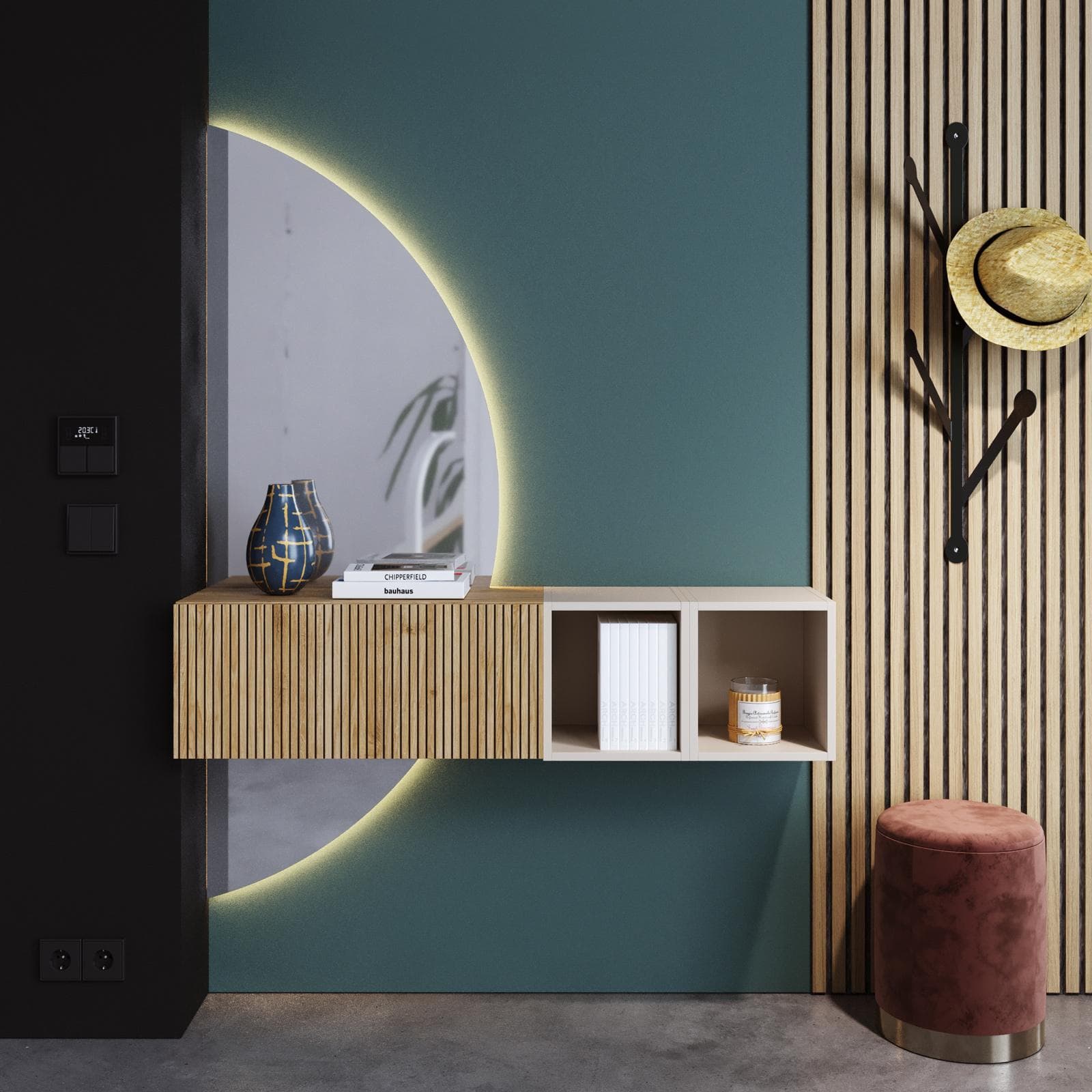 Mobile ingresso 124x155h cm cashmere e cadiz cannettato con specchio doppio retroilluminato - Clary