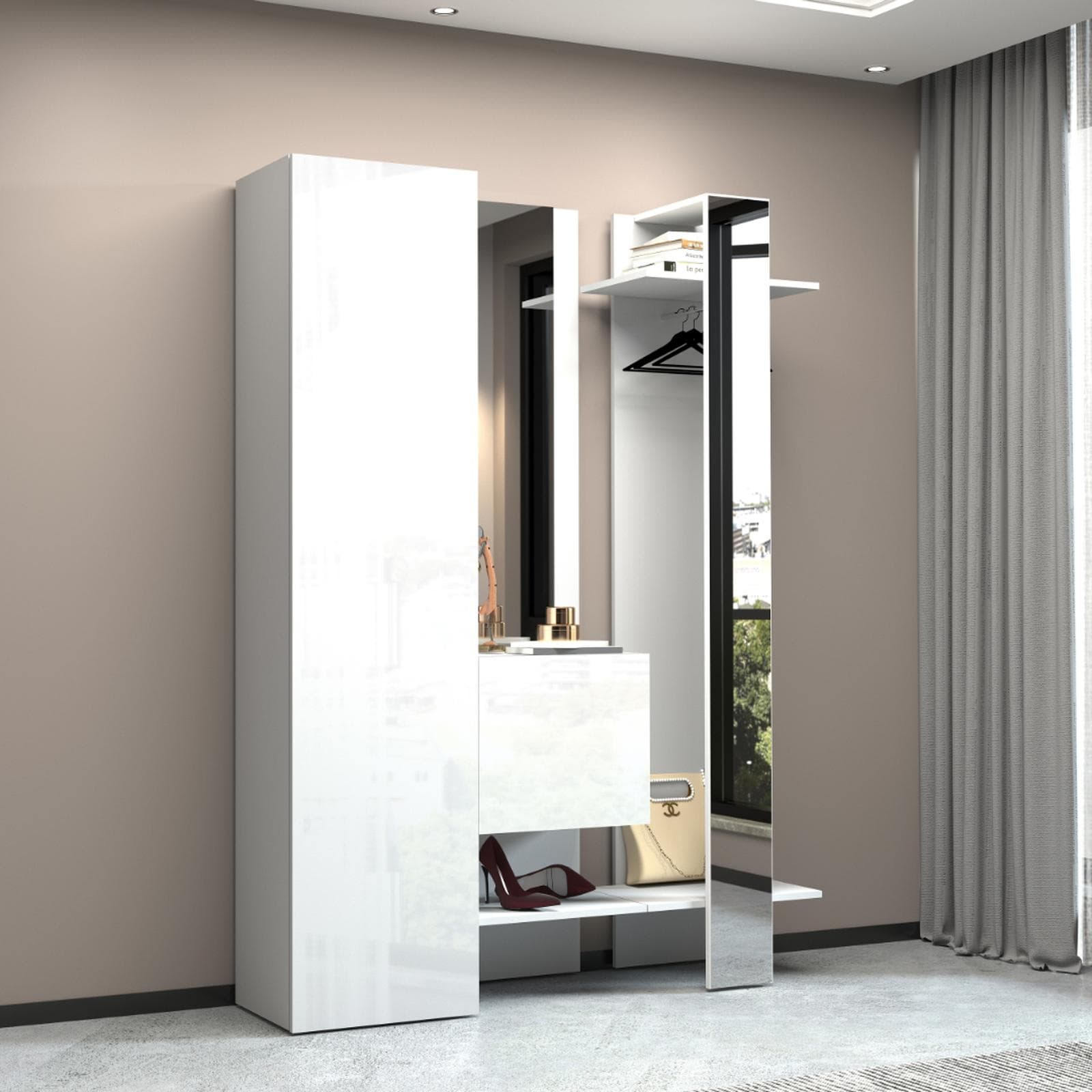 Mobile ingresso 140x190h cm bianco lucido con scarpiera e doppio specchio - Eudora