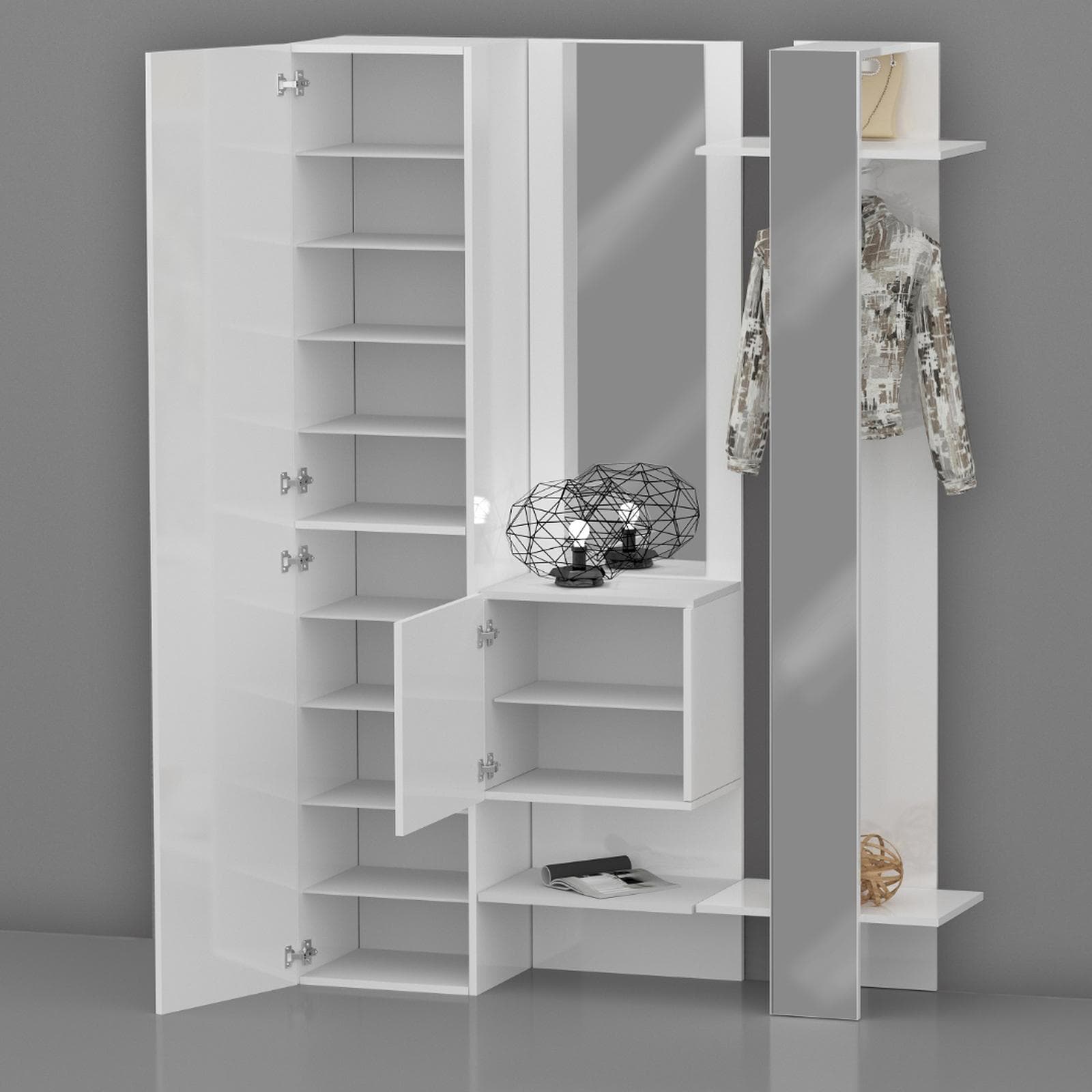 Mobile ingresso 140x190h cm bianco lucido con scarpiera e doppio specchio - Eudora