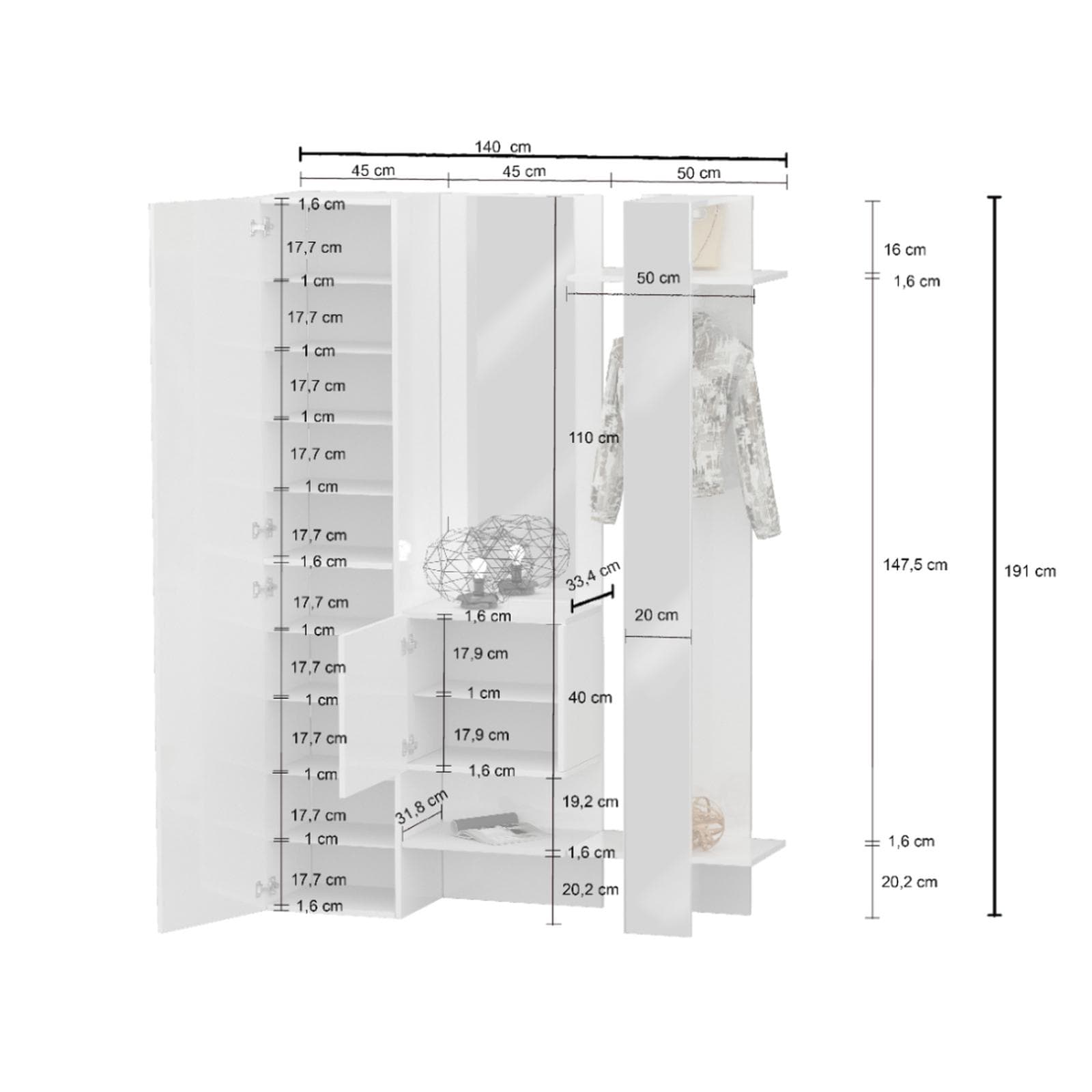 Mobile ingresso 140x190h cm bianco lucido con scarpiera e doppio specchio - Eudora