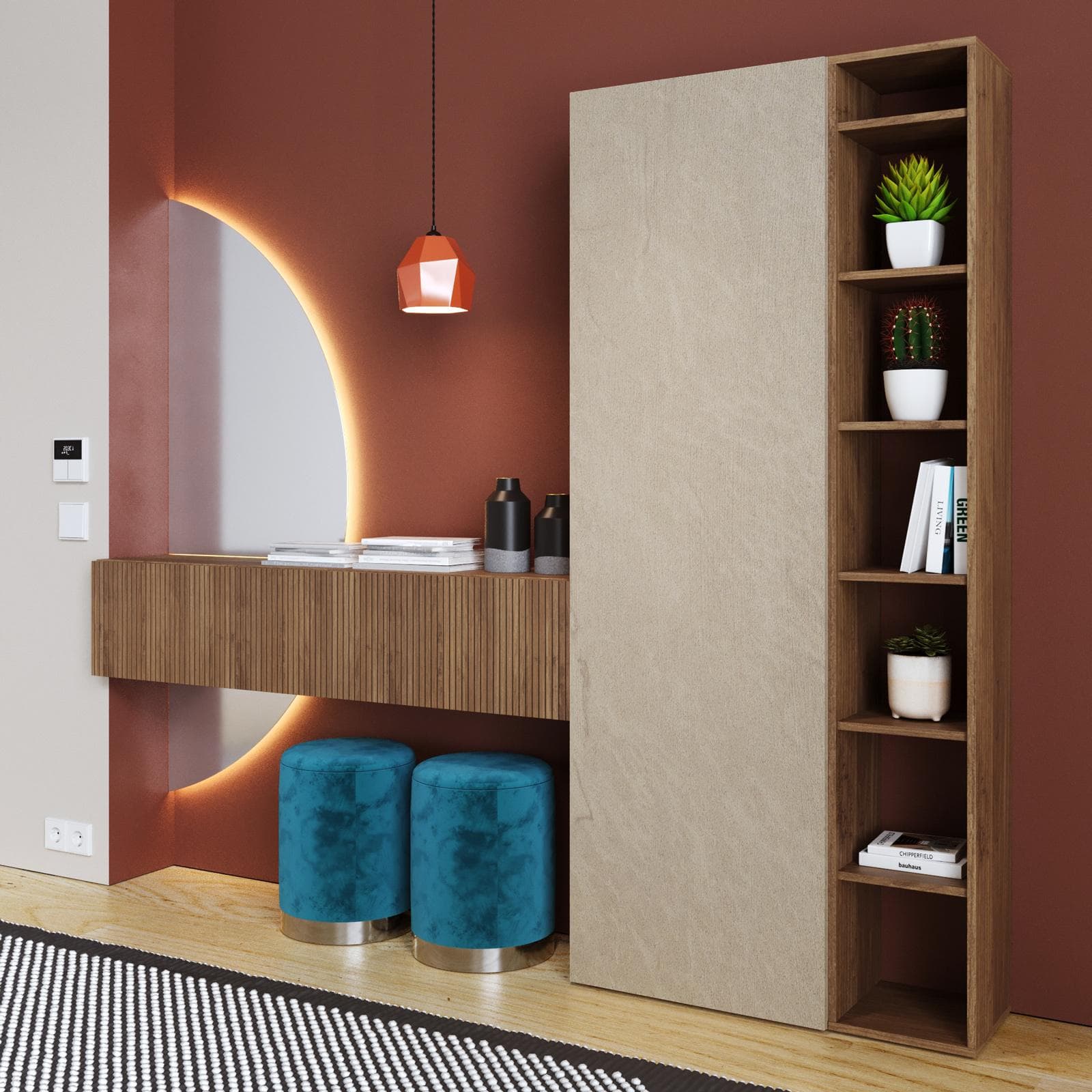 Mobile ingresso 220x185h cm argilla e mercure cannettato con specchio doppio retroilluminato - Clary