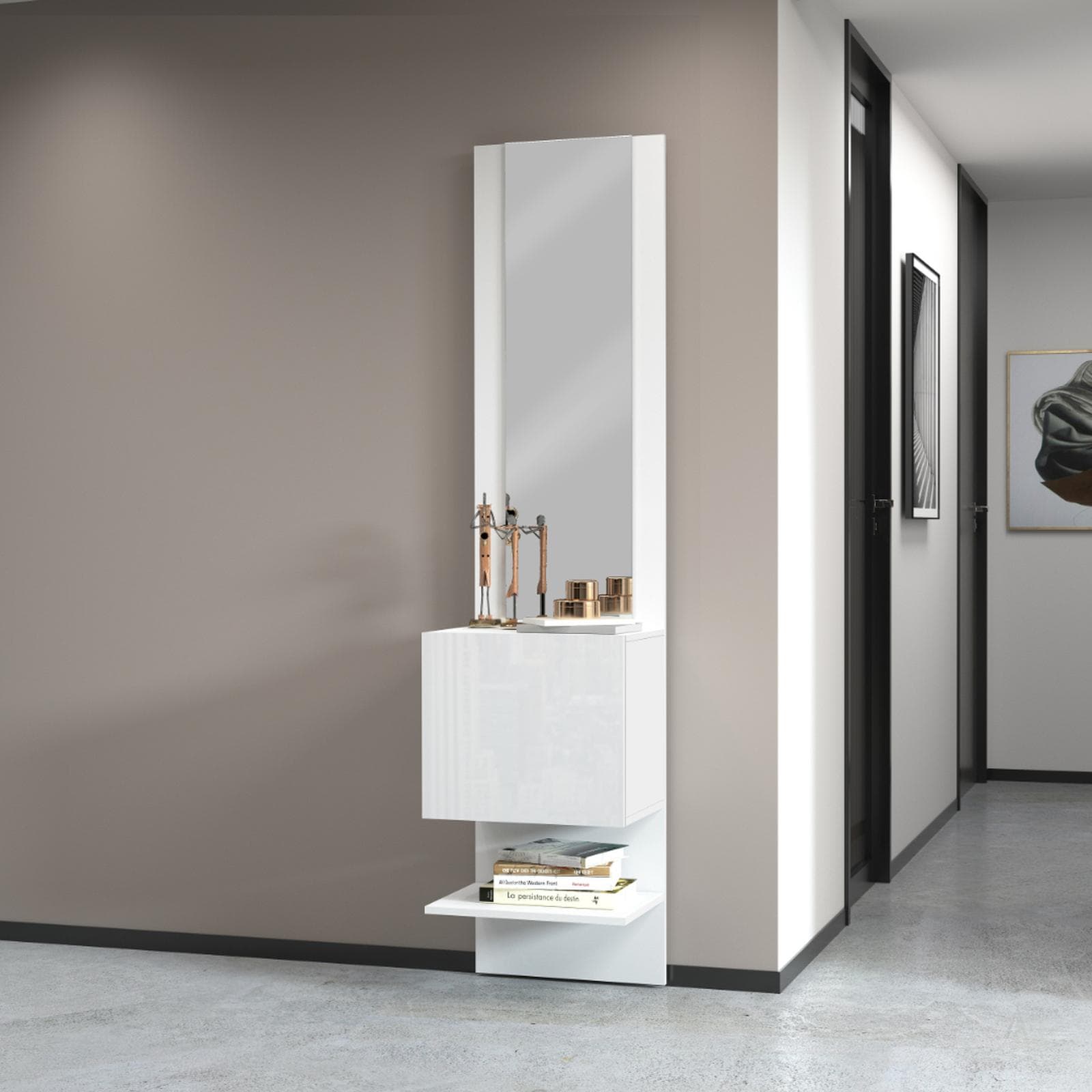 Mobile ingresso 45x190h cm con 1 anta e specchio bianco lucido - Eudora