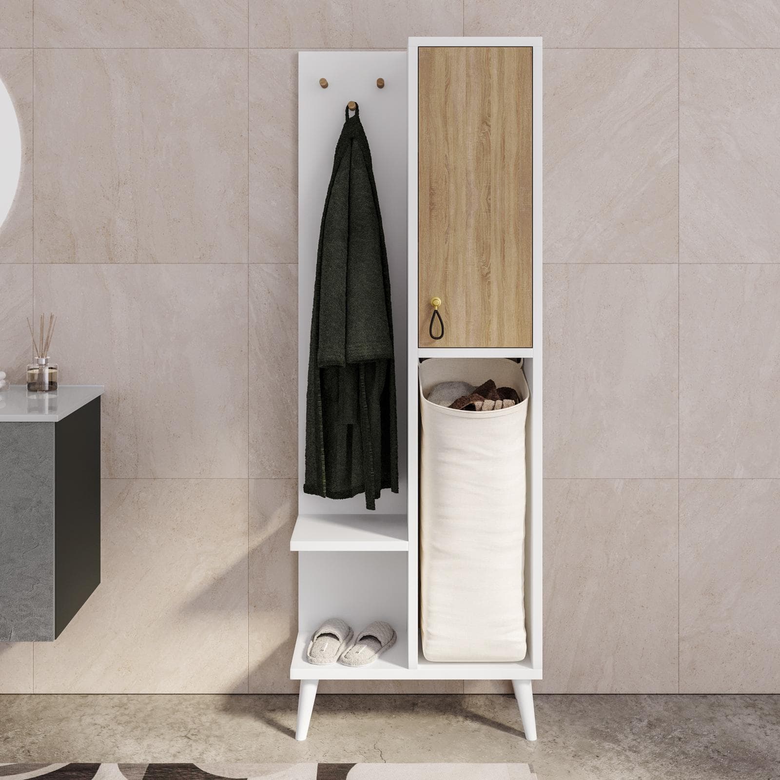Armadio multifunzione 64x178h cm in legno bianco e rovere - Eiden