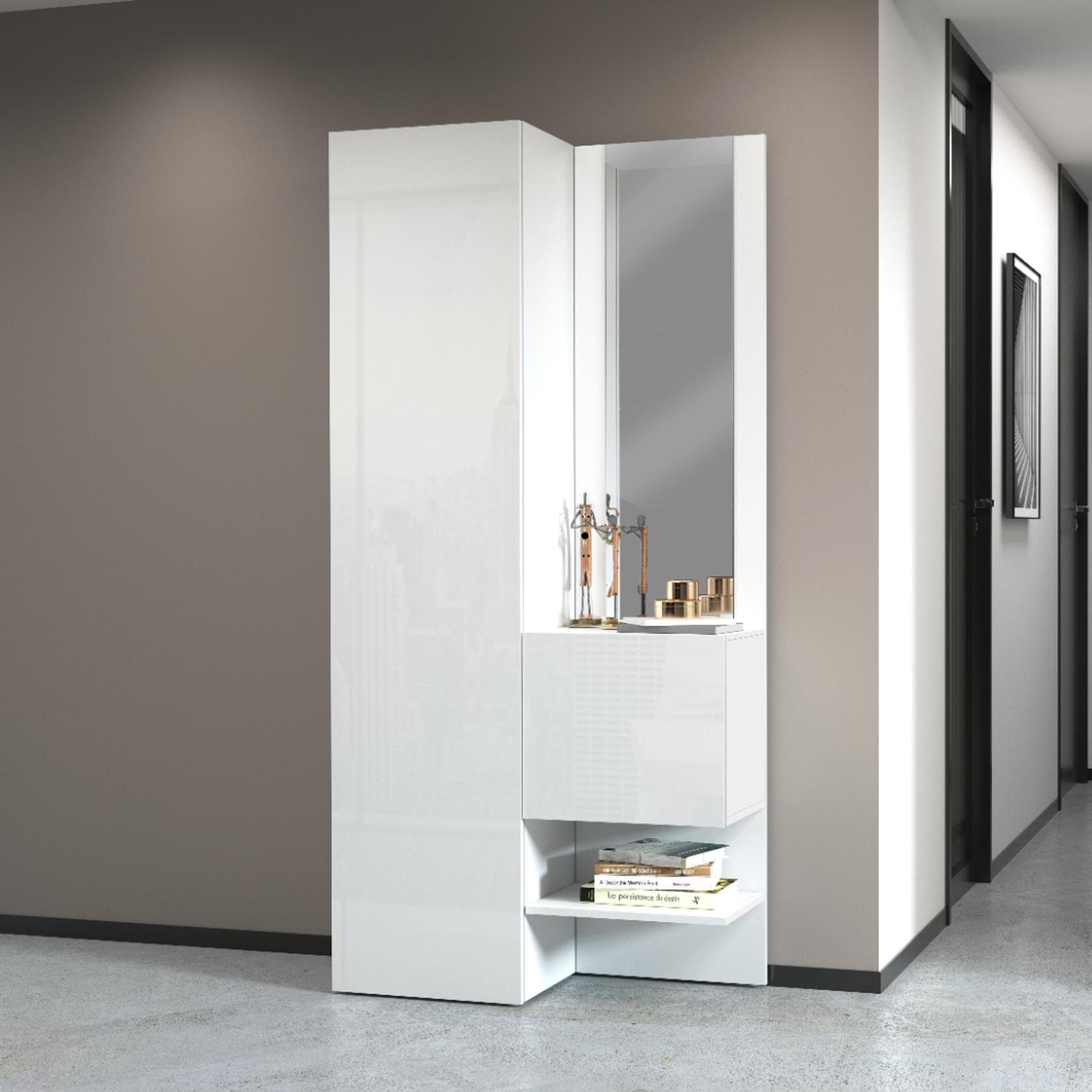 Mobile ingresso 90x190h cm bianco lucido con scarpiera e specchio - Eudora