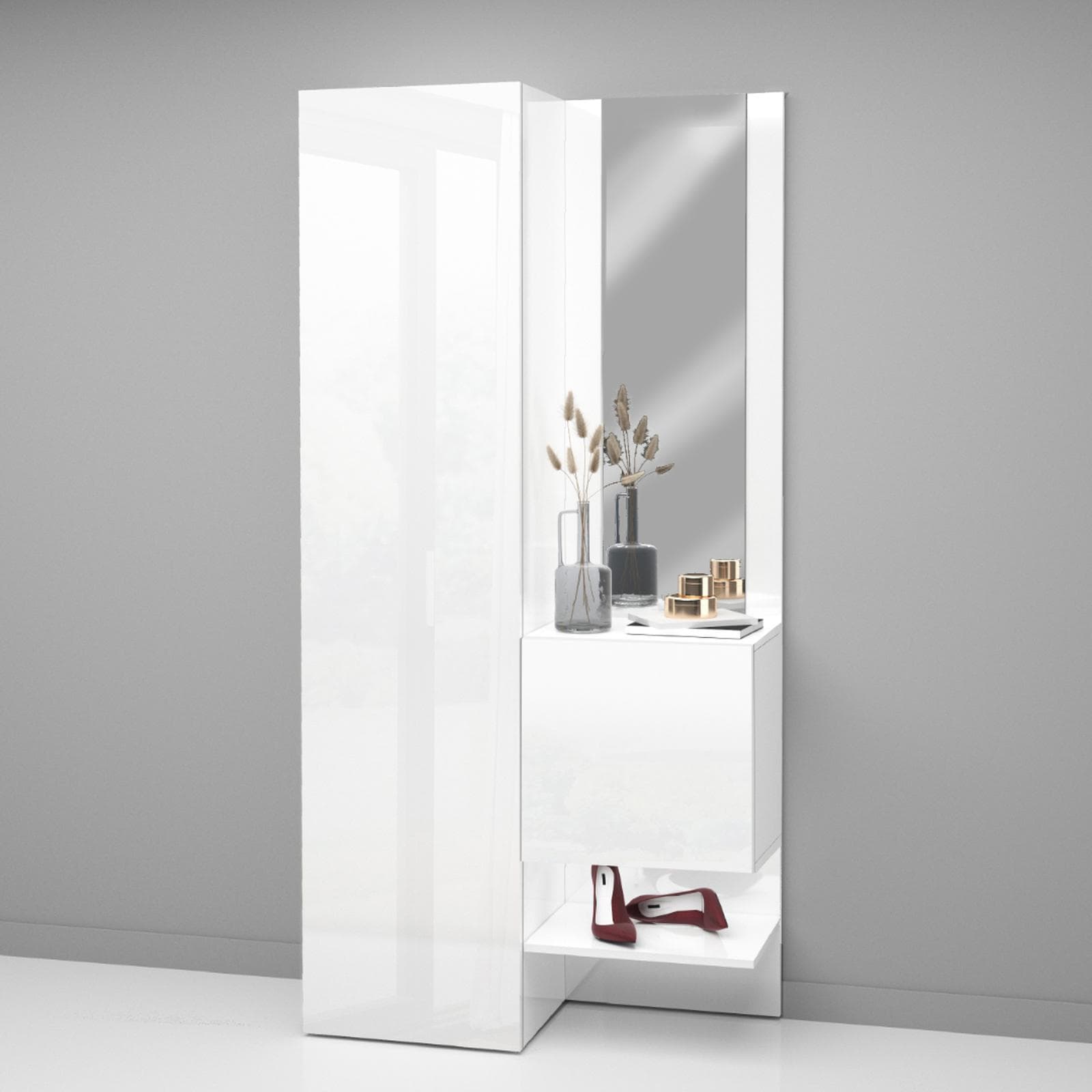 Mobile ingresso 90x190h cm bianco lucido con scarpiera e specchio - Eudora
