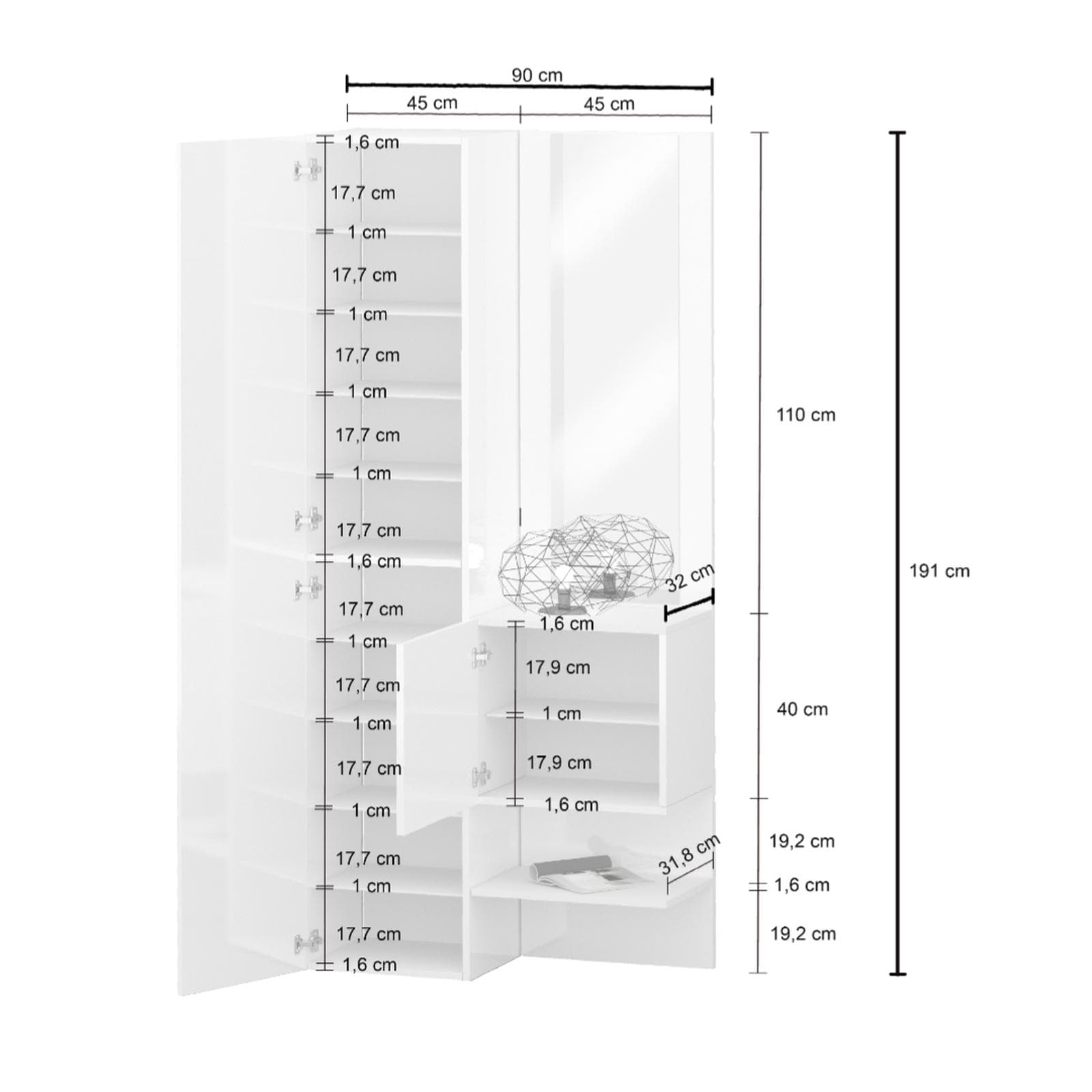 Mobile ingresso 90x190h cm bianco lucido con scarpiera e specchio - Eudora