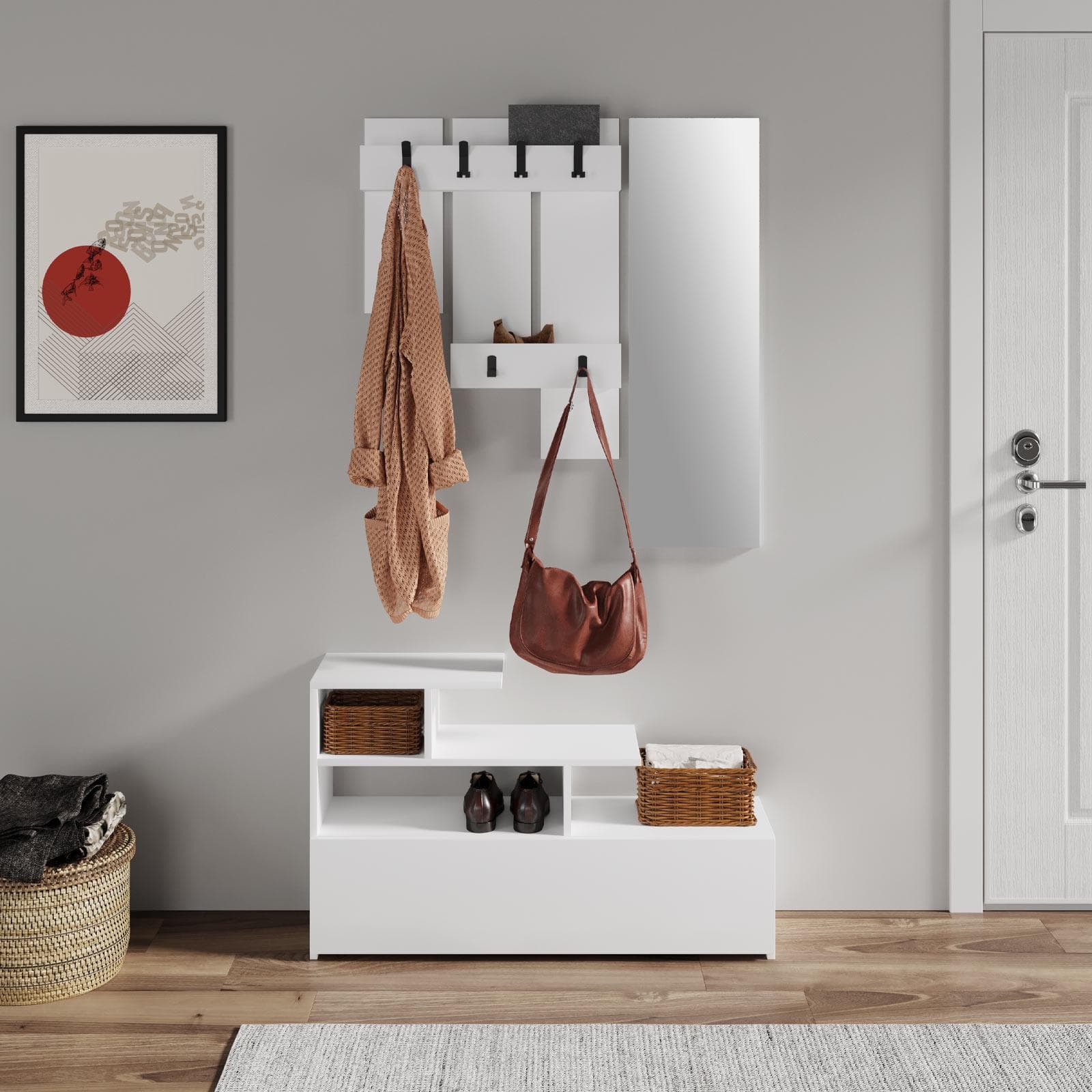 Mobile ingresso 100 cm bianco con specchio e appendiabiti - Zanga