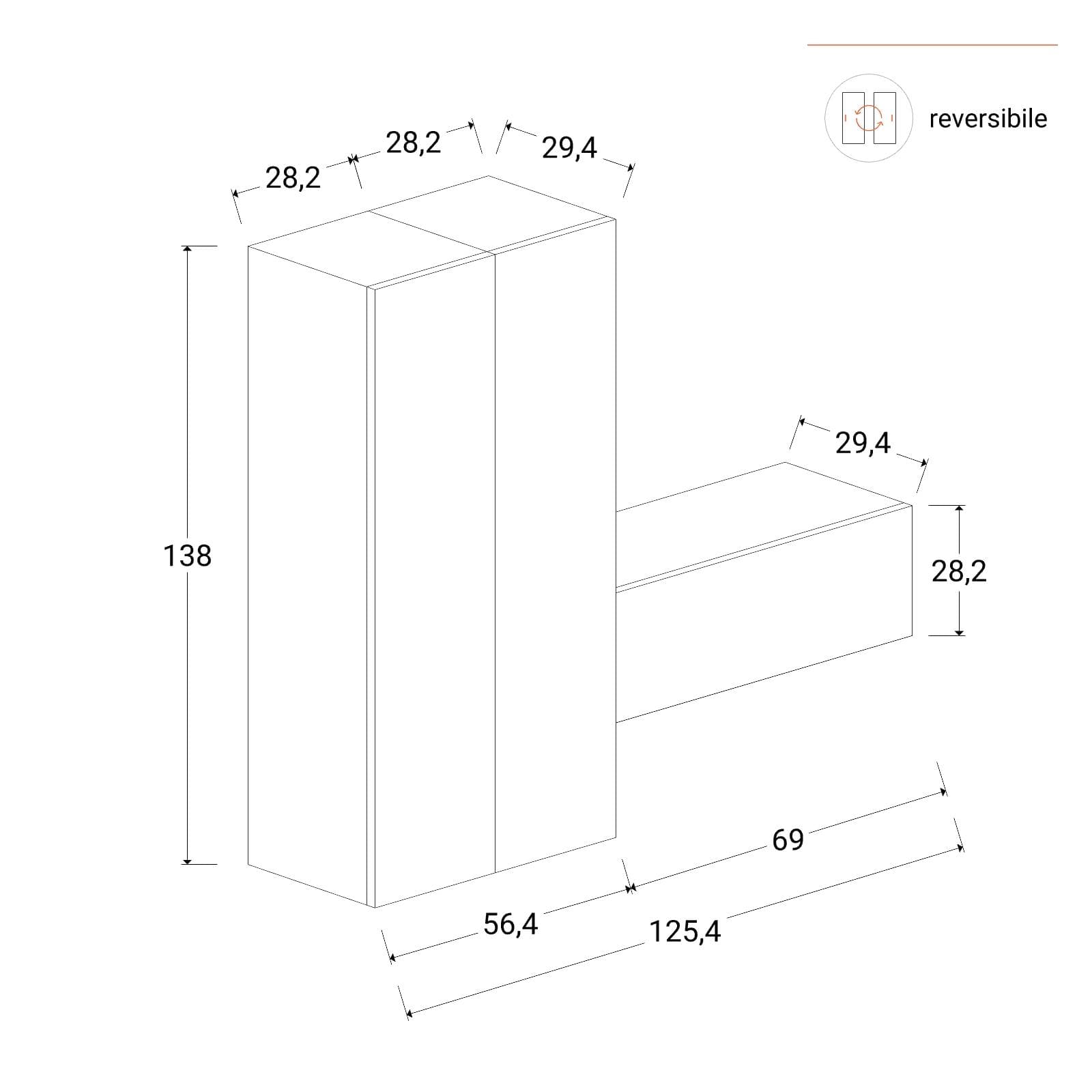 Mobile ingresso sospeso reversibile 125x138h cm cadiz e bianco lucido - Clary