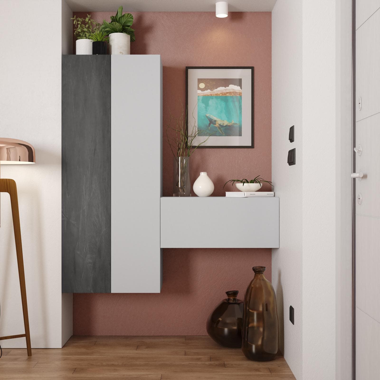Mobile ingresso sospeso reversibile 125x138h cm piombo e gesso - Clary