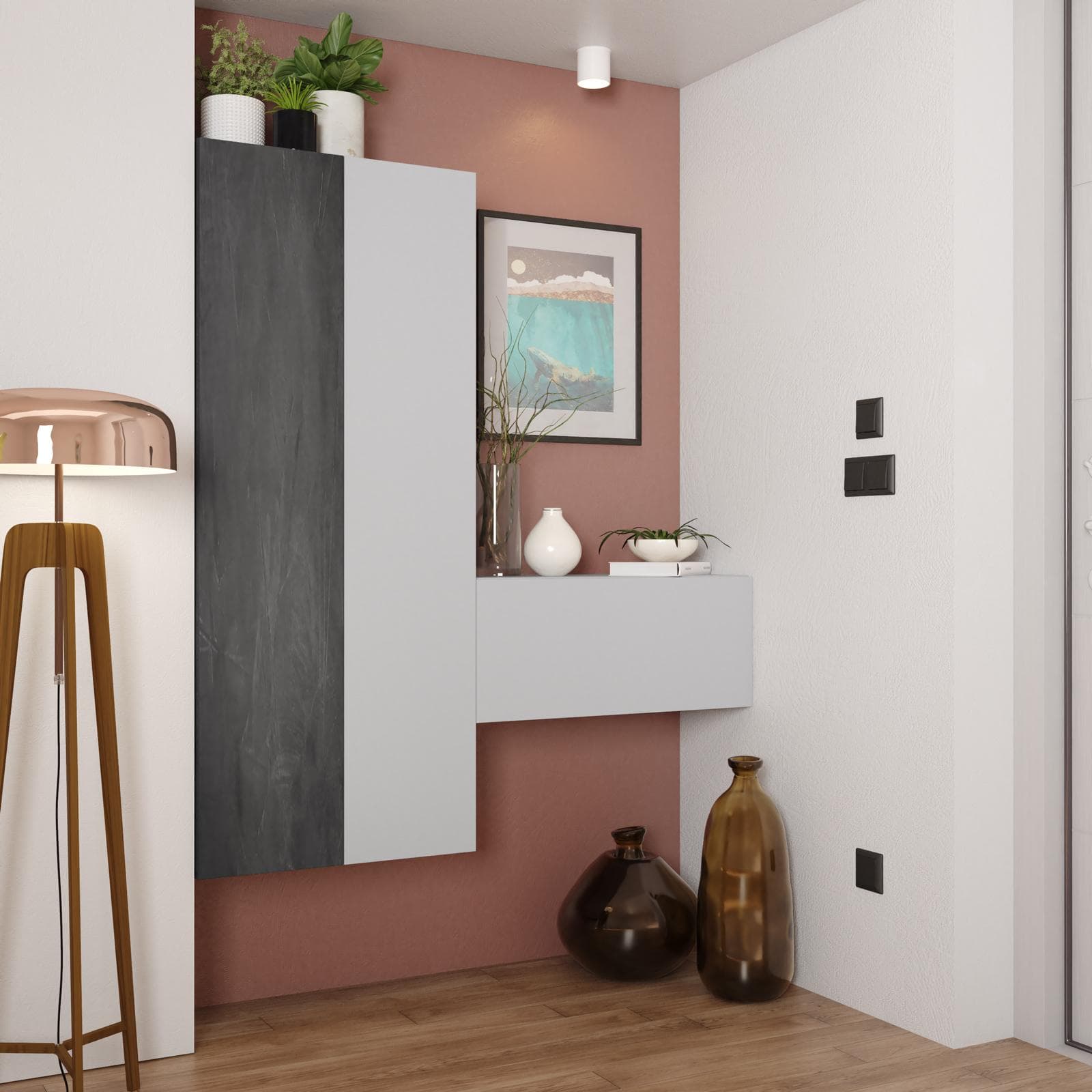 Mobile ingresso sospeso reversibile 125x138h cm piombo e gesso - Clary