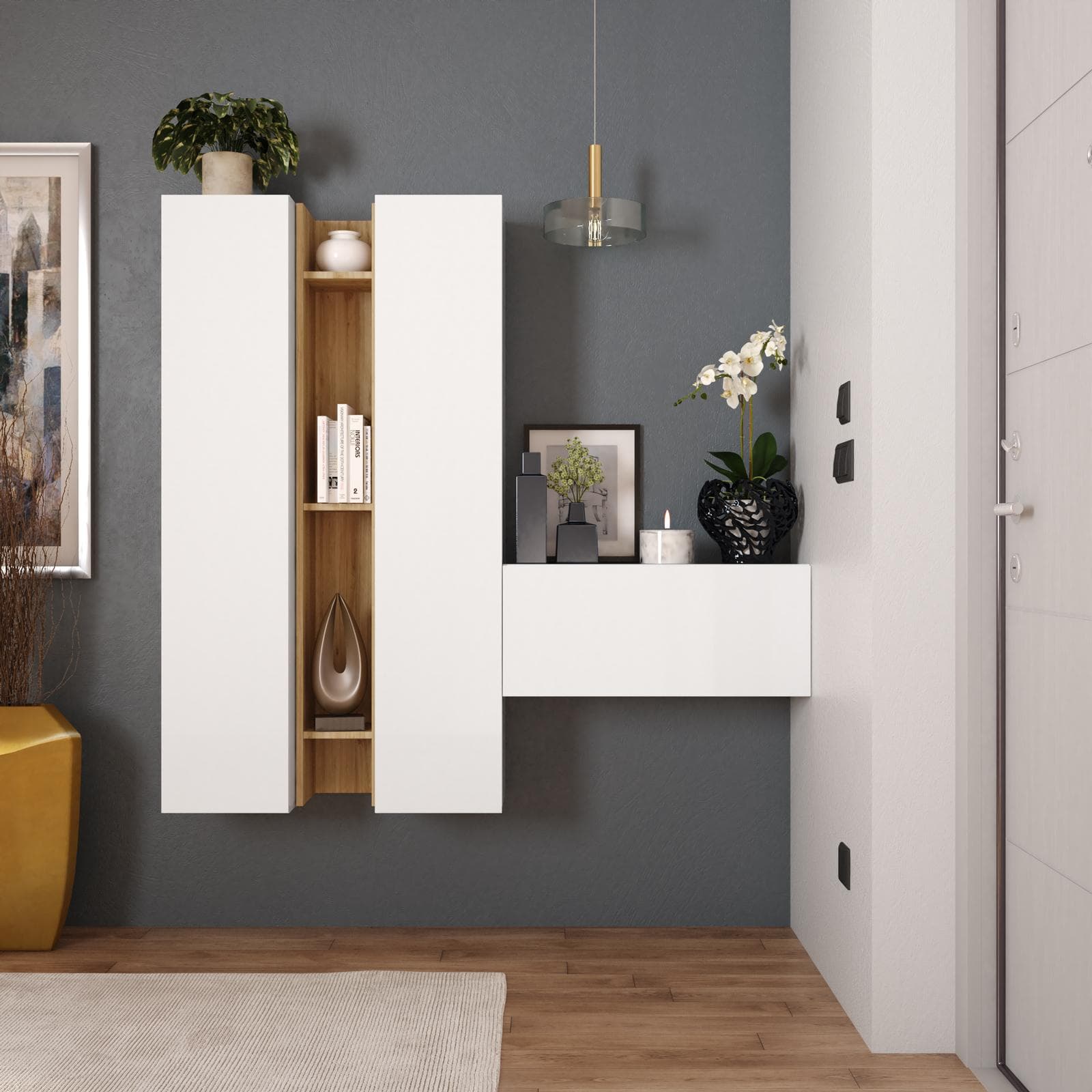 Mobile ingresso sospeso reversibile 144x138h cm bianco lucido e cadiz - Clary