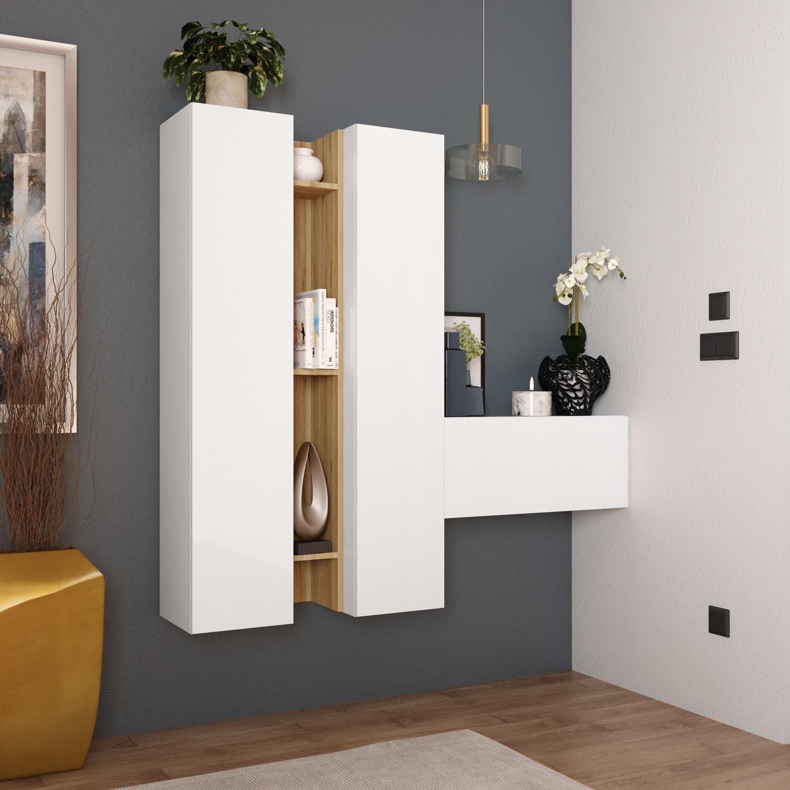 Mobile ingresso sospeso reversibile 144x138h cm bianco lucido e cadiz - Clary