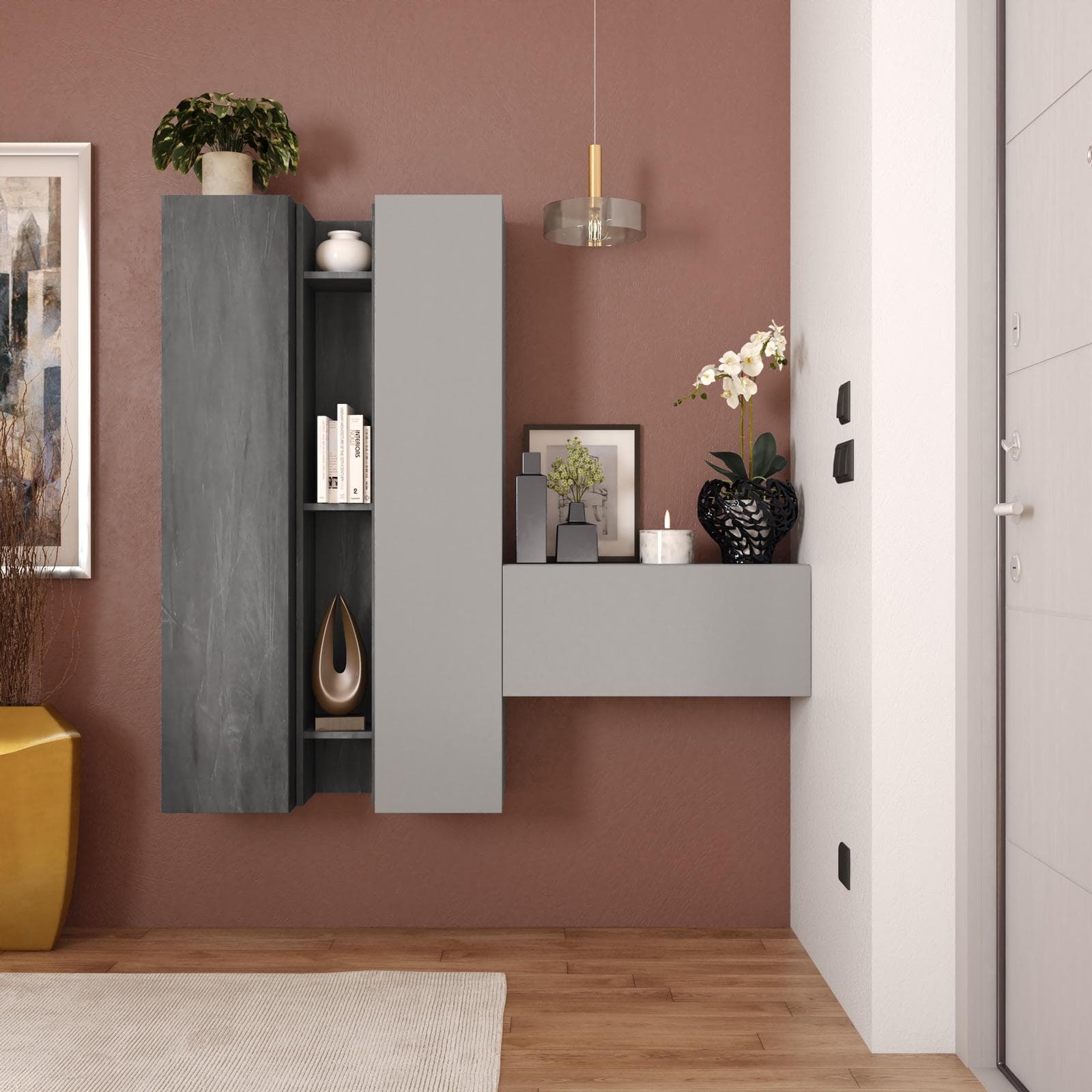 Mobile ingresso sospeso reversibile 144x138h cm piombo e ardesia - Clary