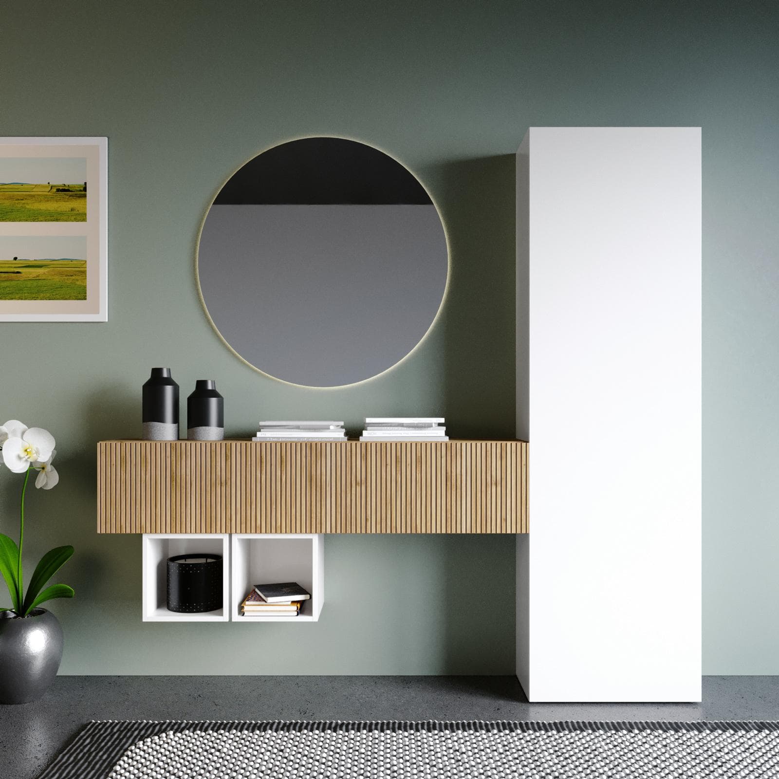 Mobile ingresso reversibile 192x185h cm bianco lucido e cadiz cannettato - Clary