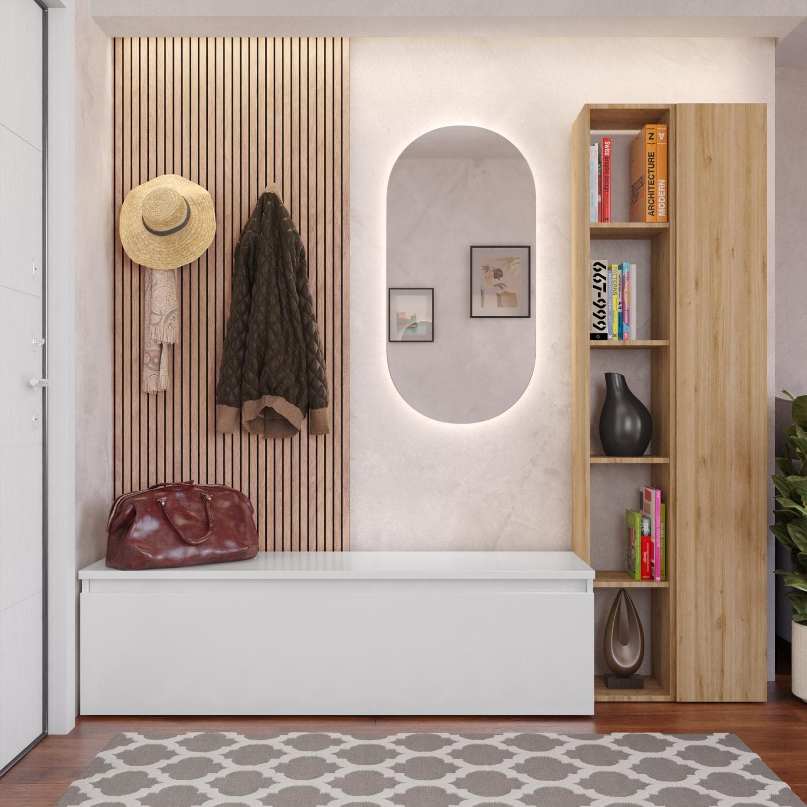 Mobile ingresso reversibile 194x186h cm 2 colonne cadiz e cassettone bianco lucido - Clary