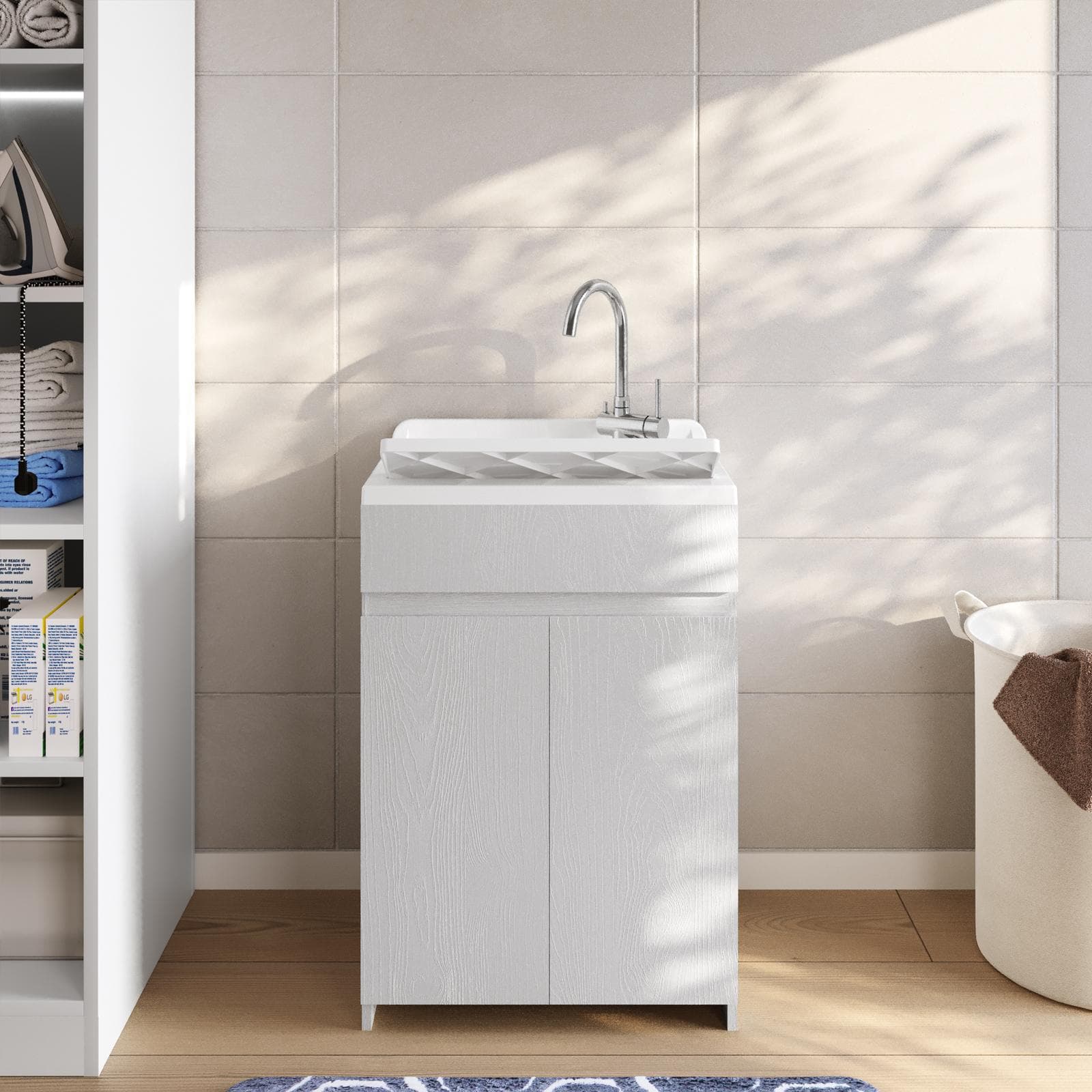 Mobile lavatoio 60x45 cm bianco frassino a 2 ante con vasca e strofinatoio - Fiona