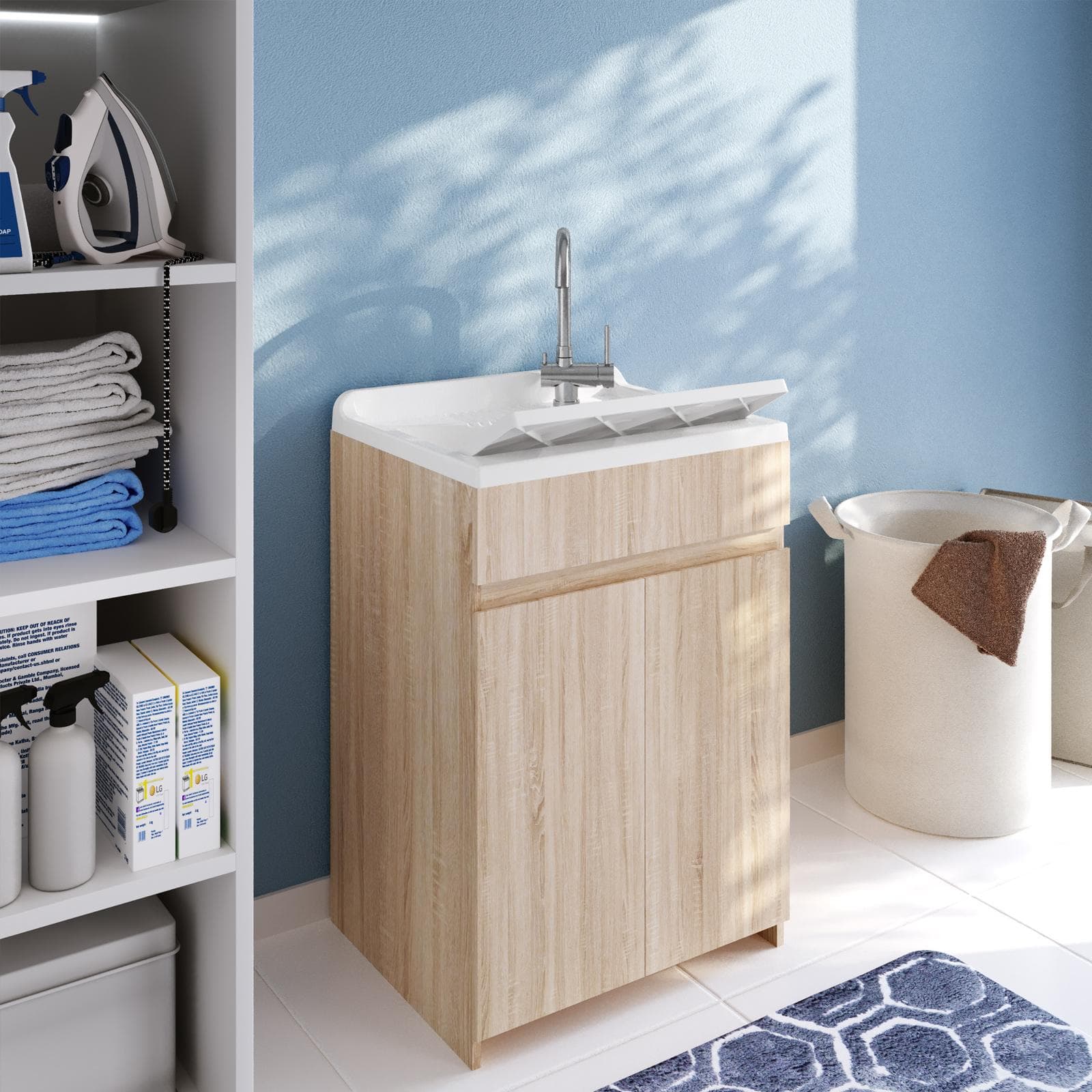 Mobile lavatoio 60x45 cm rovere marley a 2 ante con vasca e strofinatoio - Fiona