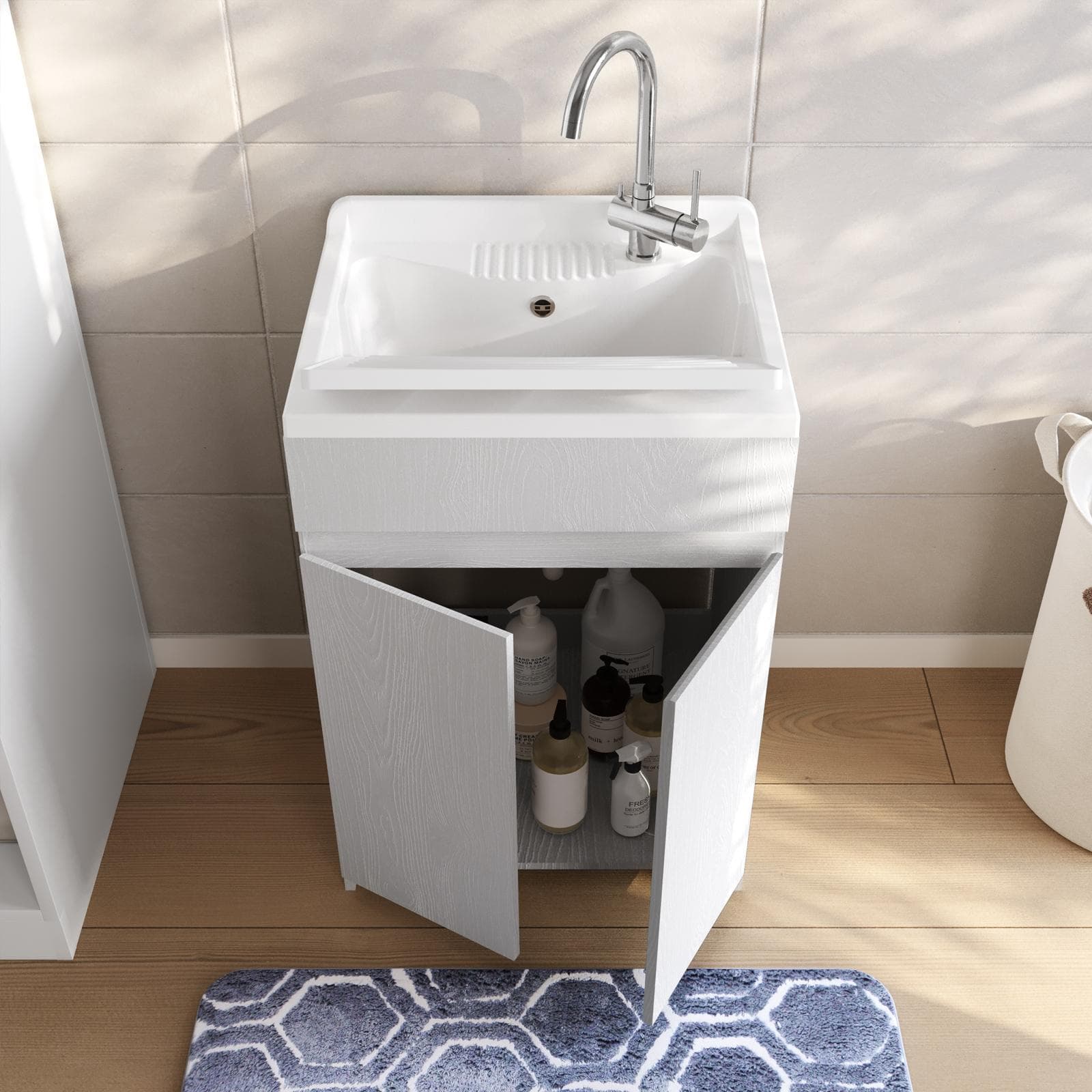 Mobile lavatoio 60x50 cm bianco frassino a 2 ante con vasca e strofinatoio - Fiona