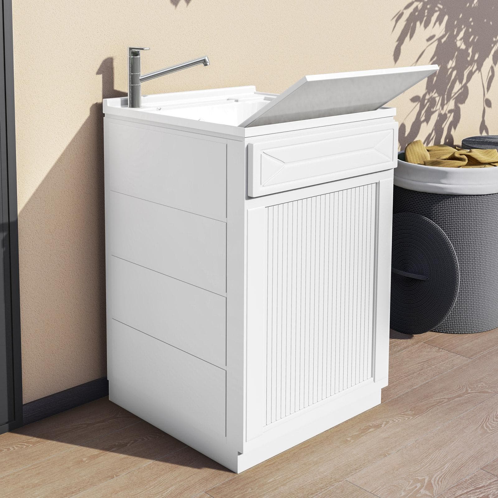 Mobile lavatoio 60x60 cm con anta serranda orizzontale vasca e asse lavapanni