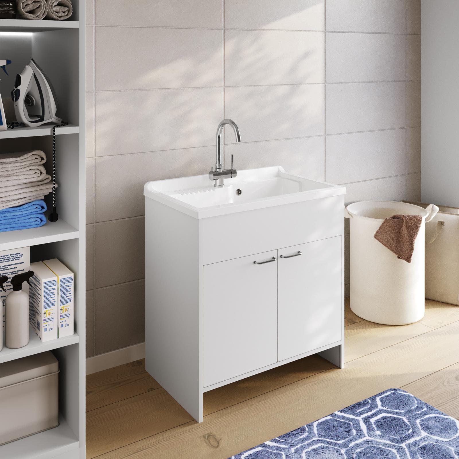 Mobile lavatoio 80x50 cm bianco a 2 ante con vasca - Vix