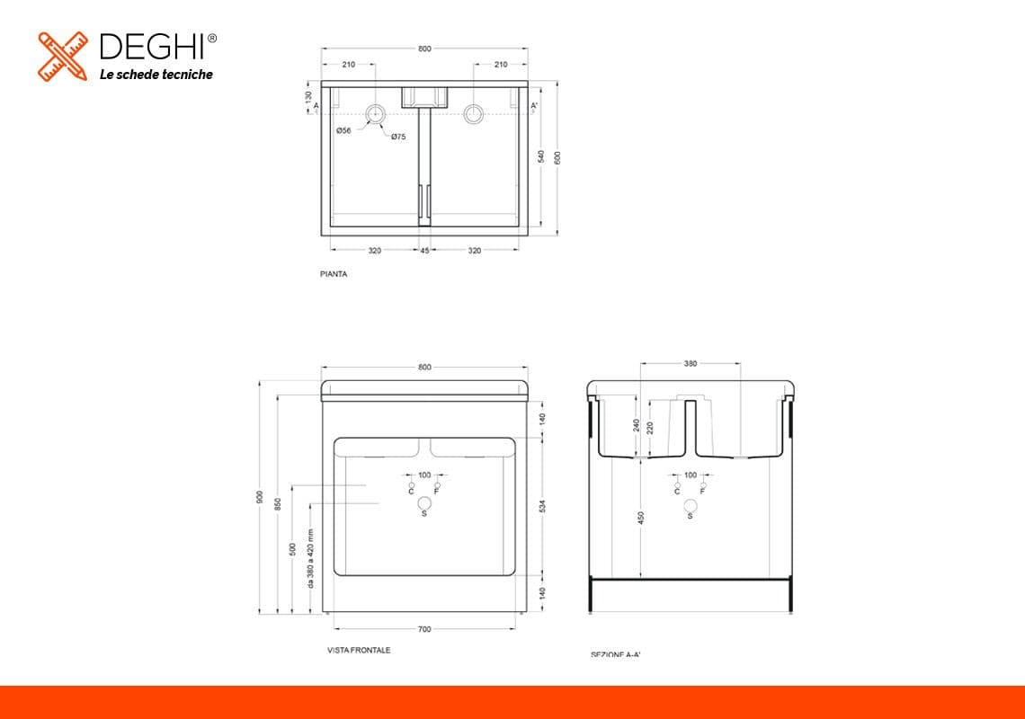 Mobile lavatoio Lavacril Colavene nero 80x60x84h cm con doppia vasca e serrandina