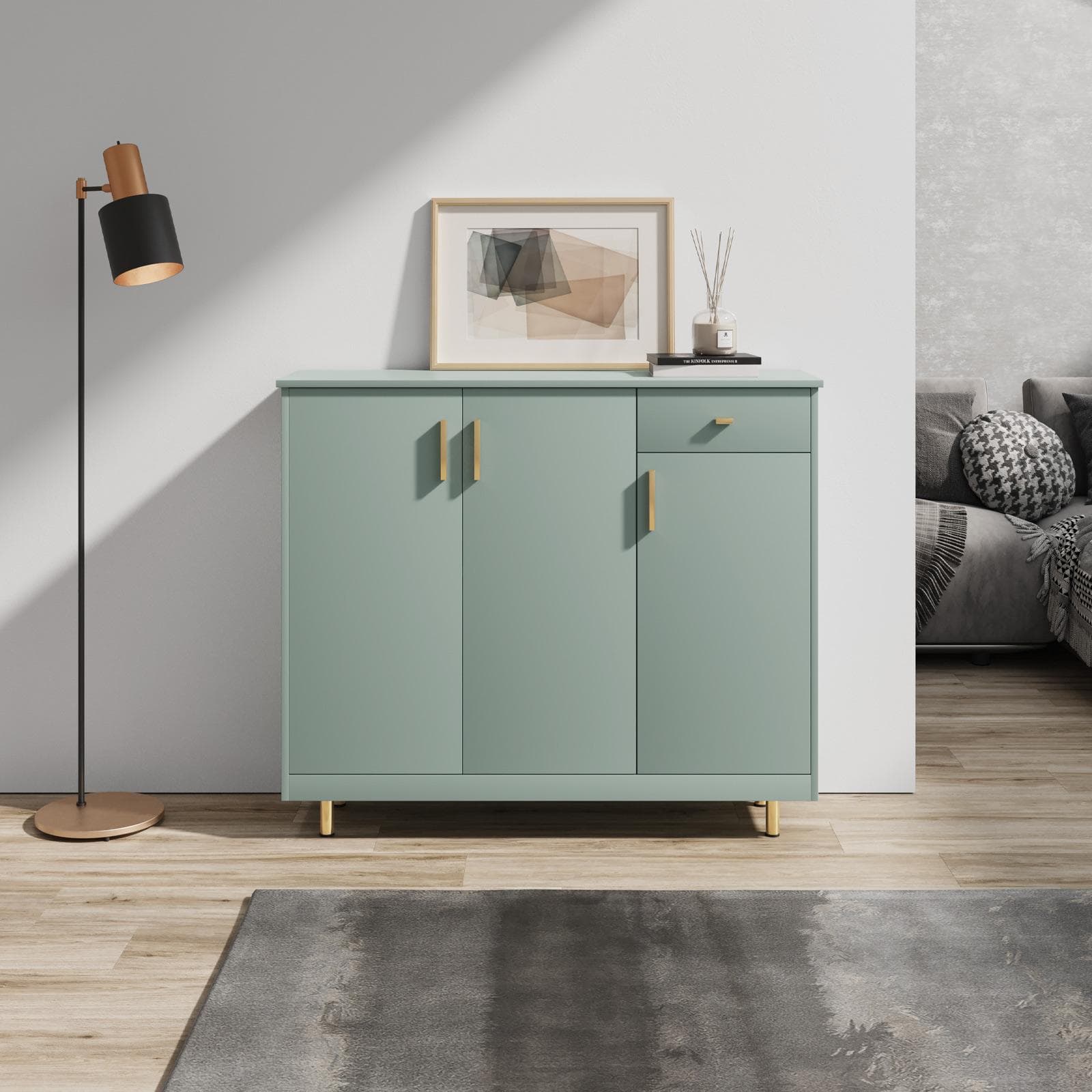 Mobile multiuso 100x100h cm in legno verde con maniglie e piedi in metallo oro - Dades