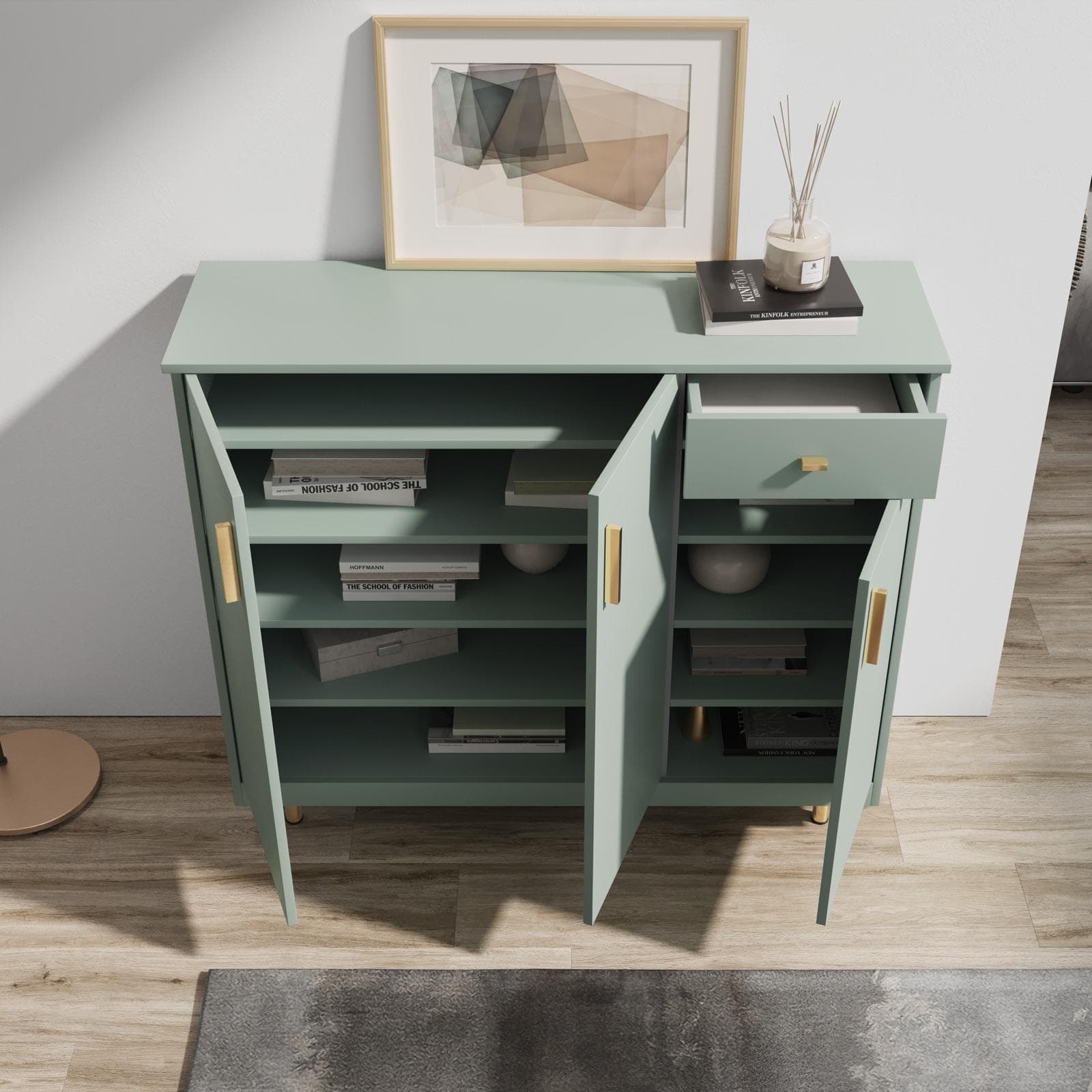 Mobile multiuso 100x100h cm in legno verde con maniglie e piedi in metallo oro - Dades